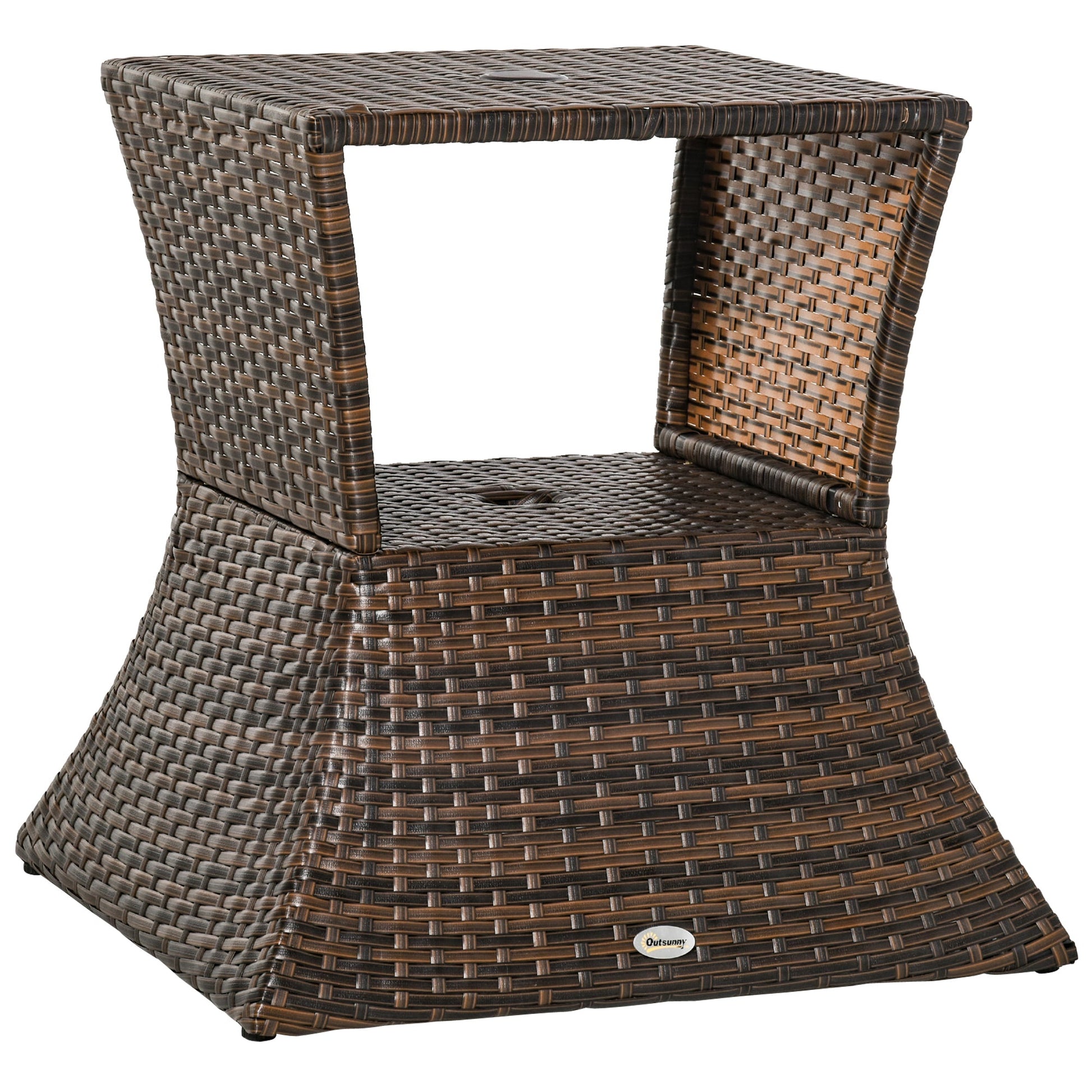 Rattan Wicker Outdoor Coffee Table, All Weather Side Table with Umbrella Hole, 2 Tier Storage Shelf, 21.3" Square End Table for Patio, Garden, Backyard, Mixed Brown