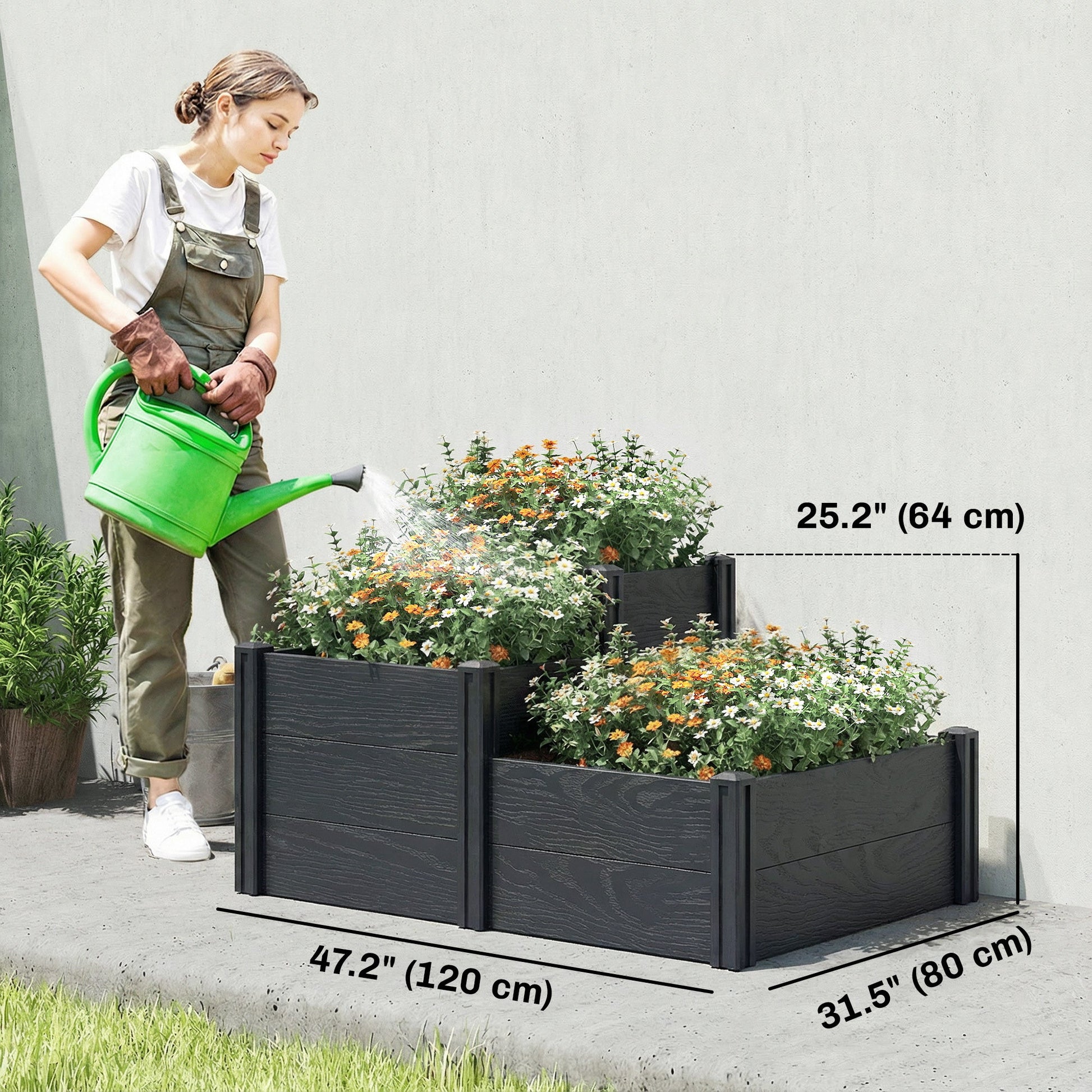 Vinyl Raised Garden Bed Kit, 3-Tier Elevated Garden Box with Open Bottom, Outdoor Raised Planter Box for Flowers, Herbs, Vegetables, DIY Assembly, Grey Wood Effect