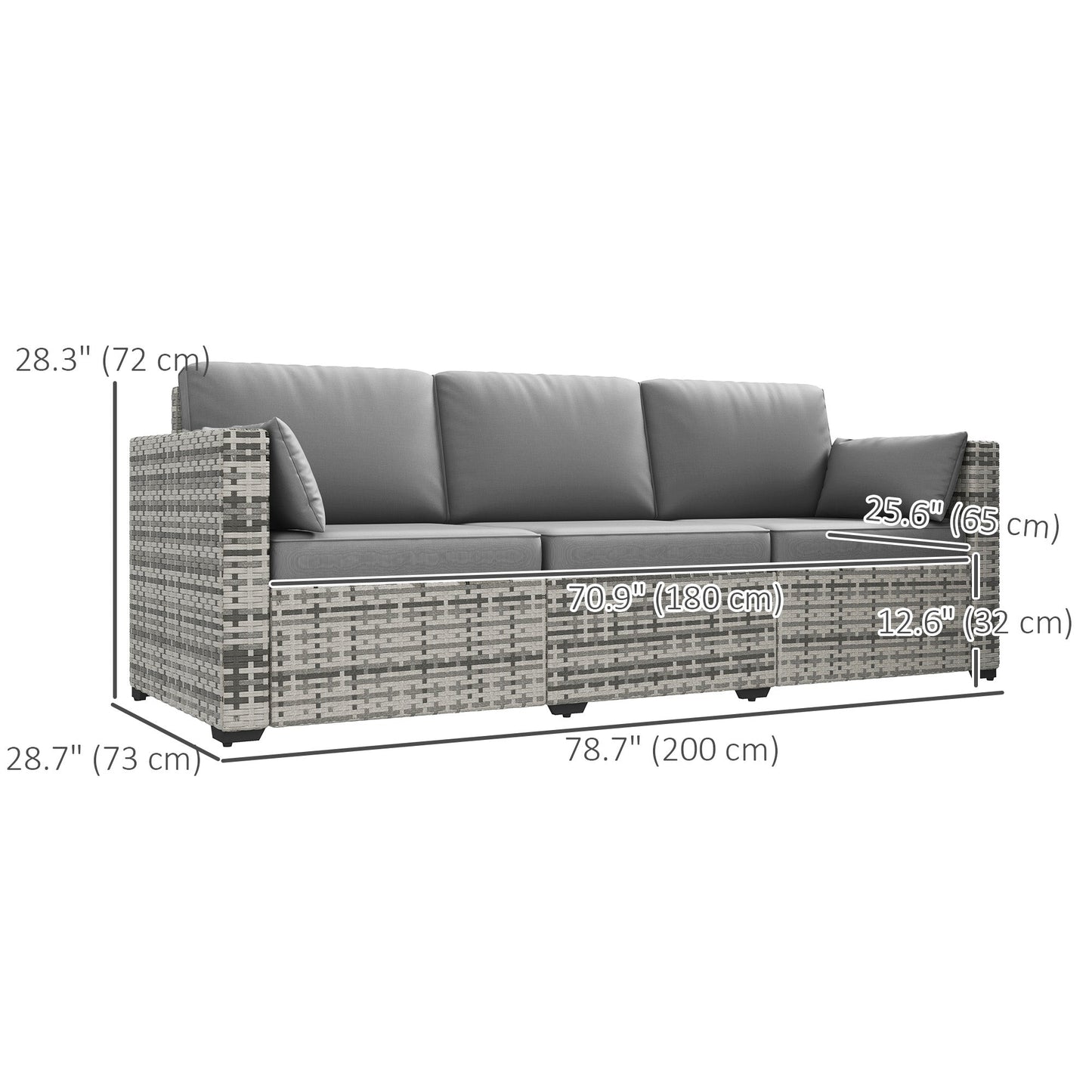 Three-Seater Outdoor Sofa with Cushions, PE Rattan Conversation Patio Wicker Couch Furniture with Pillows for Garden, Poolside, Deck, Balcony, Backyard, Grey