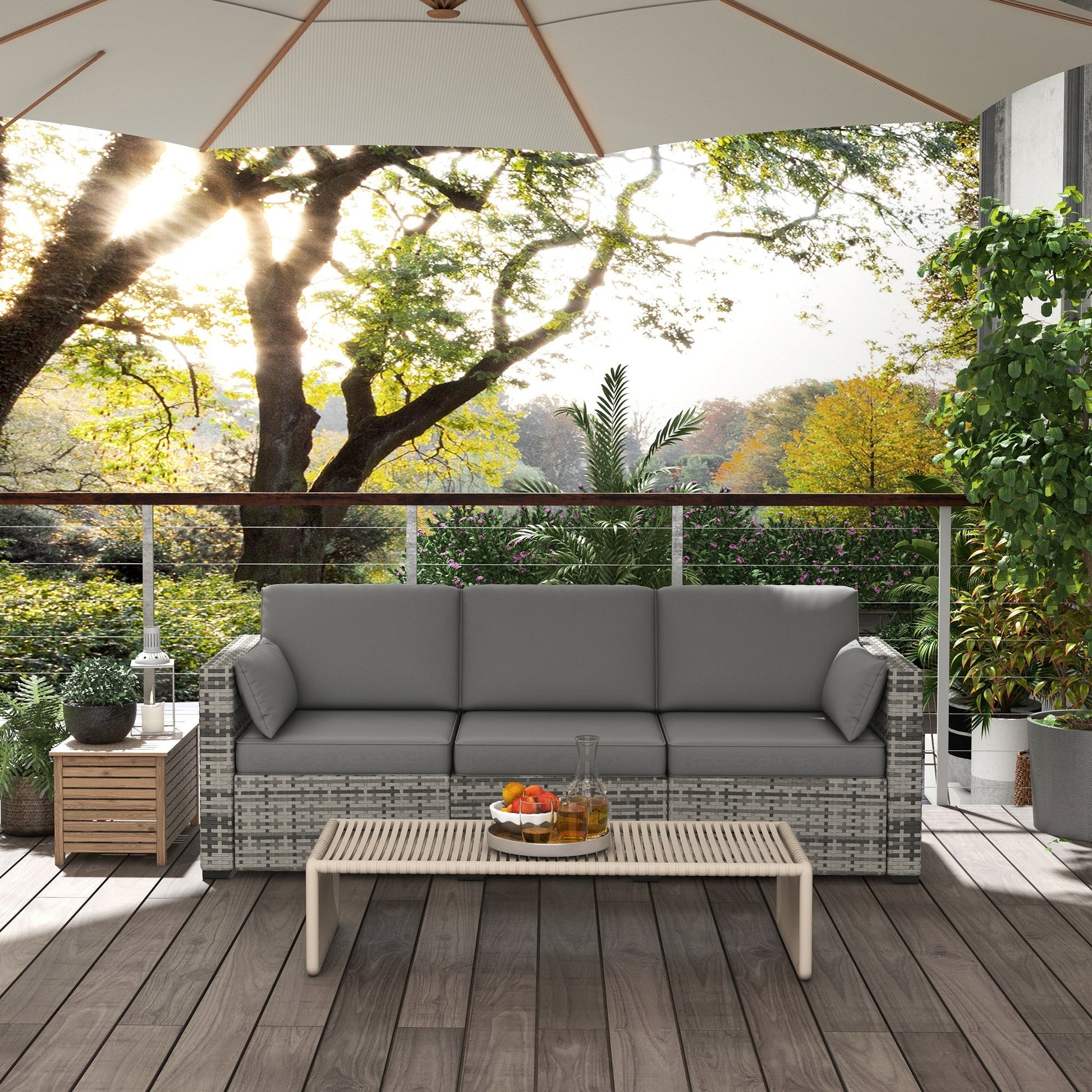 Three-Seater Outdoor Sofa with Cushions, PE Rattan Conversation Patio Wicker Couch Furniture with Pillows for Garden, Poolside, Deck, Balcony, Backyard, Grey