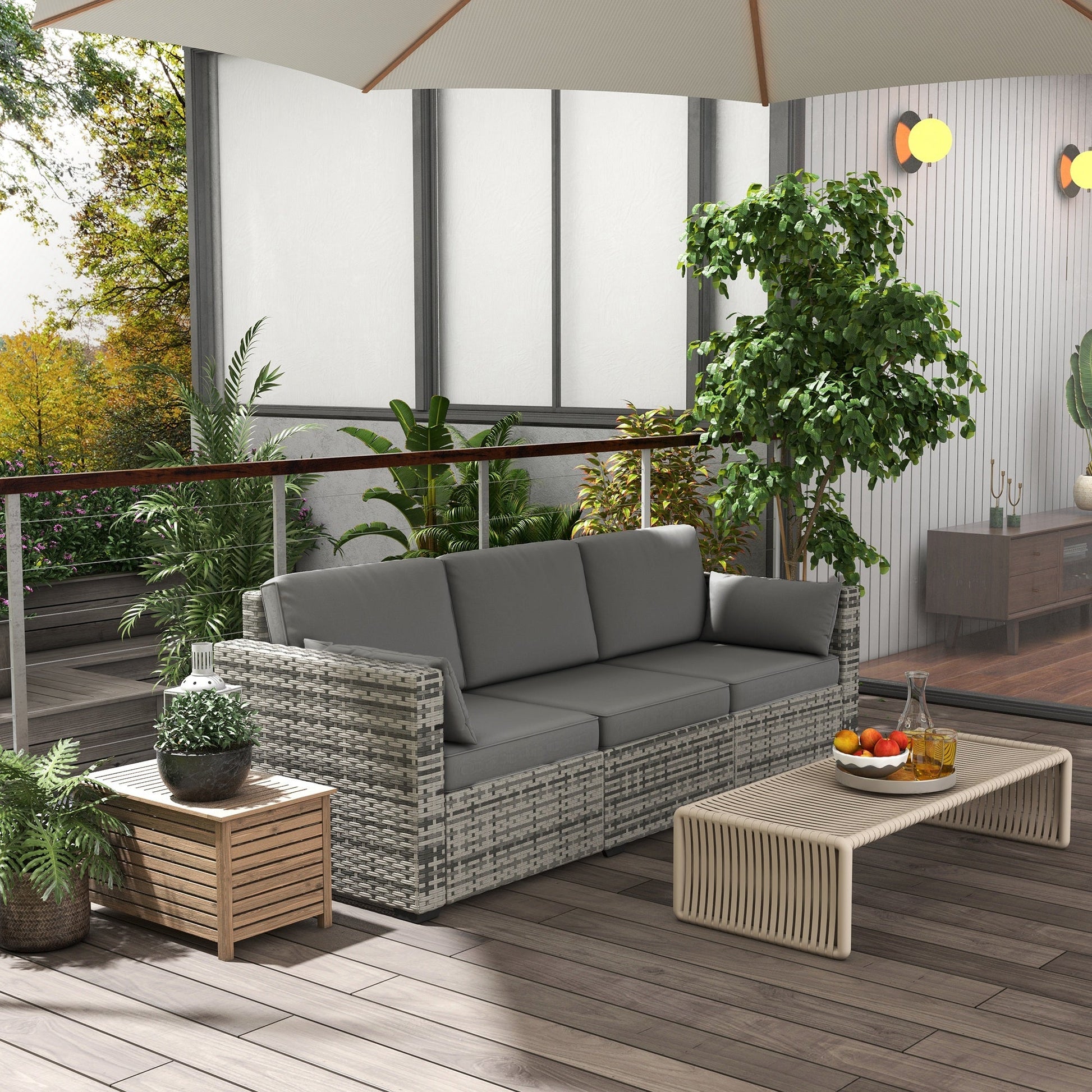 Three-Seater Outdoor Sofa with Cushions, PE Rattan Conversation Patio Wicker Couch Furniture with Pillows for Garden, Poolside, Deck, Balcony, Backyard, Grey