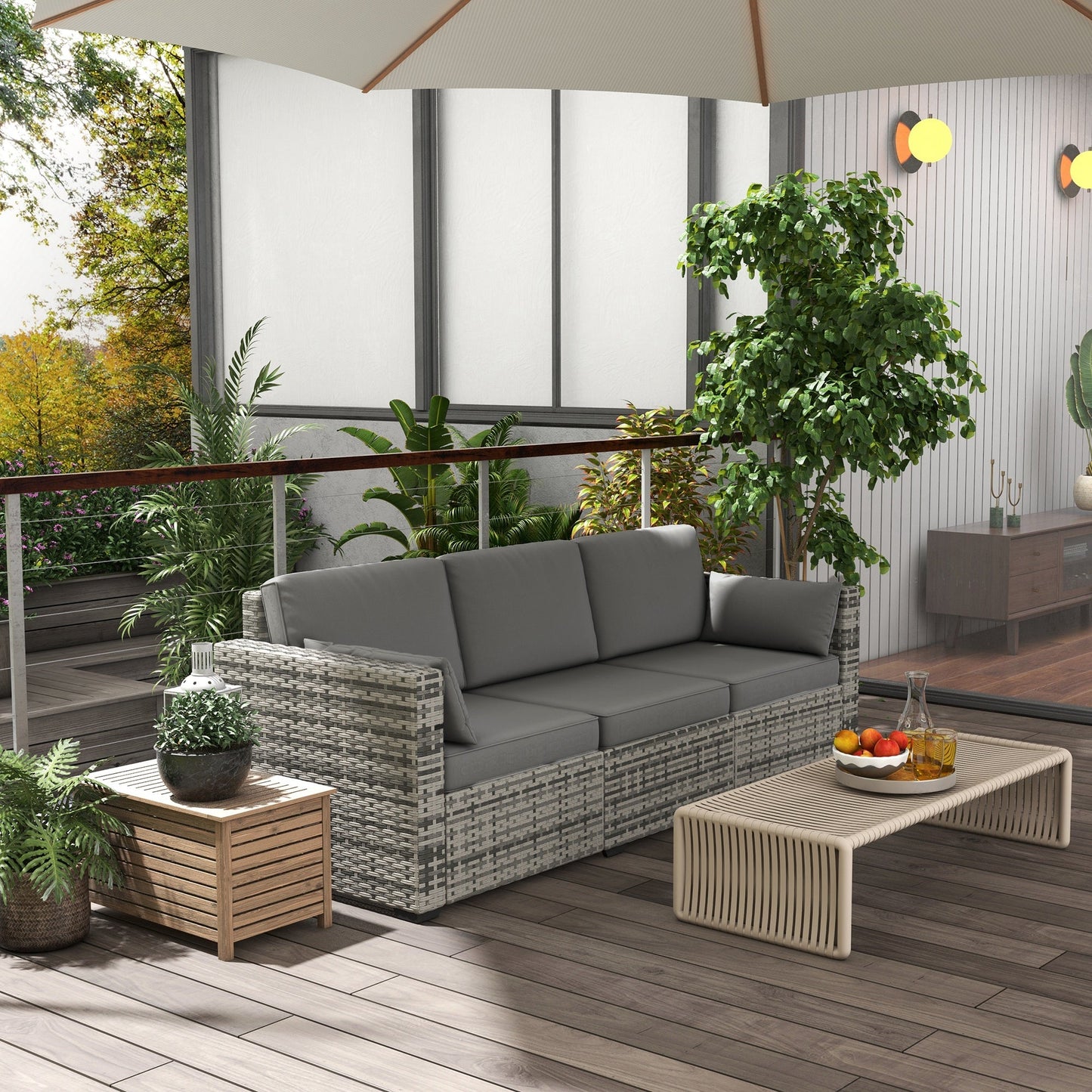 Three-Seater Outdoor Sofa with Cushions, PE Rattan Conversation Patio Wicker Couch Furniture with Pillows for Garden, Poolside, Deck, Balcony, Backyard, Grey