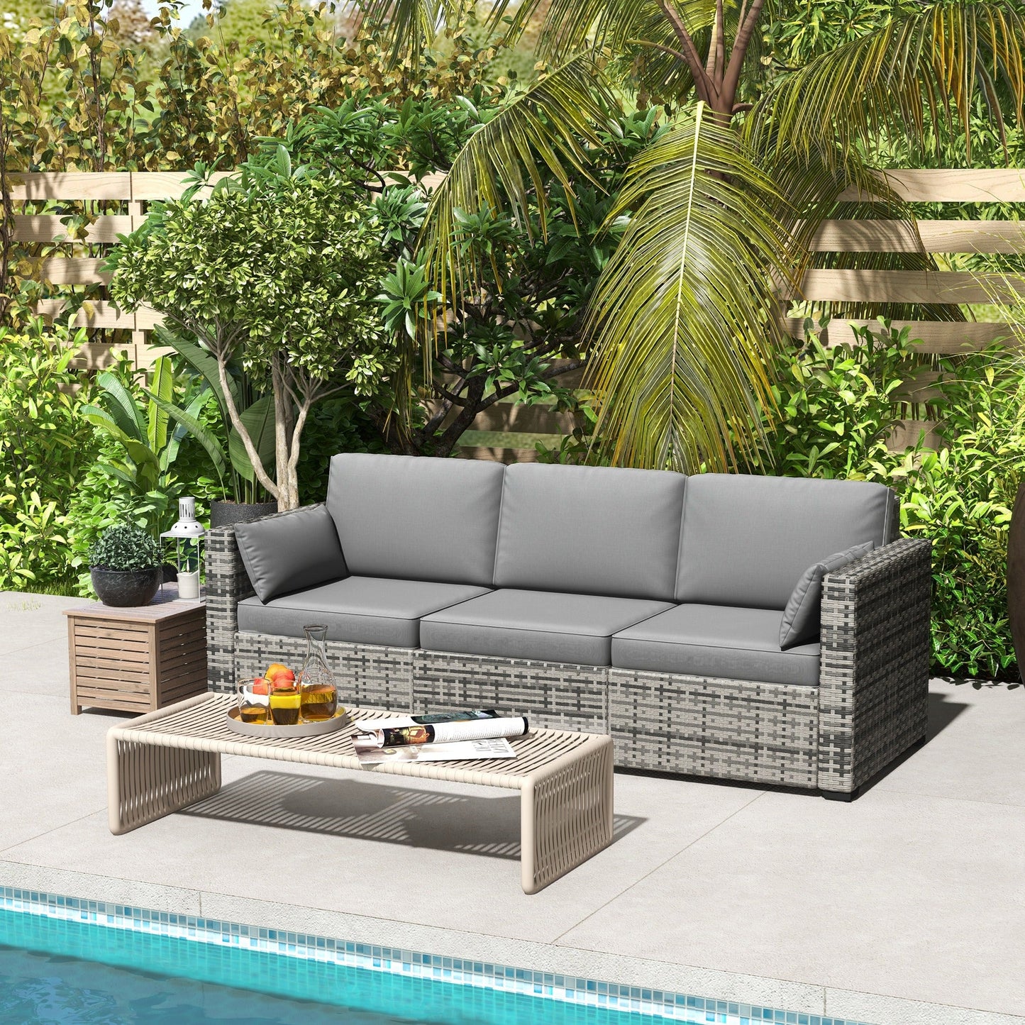 Three-Seater Outdoor Sofa with Cushions, PE Rattan Conversation Patio Wicker Couch Furniture with Pillows for Garden, Poolside, Deck, Balcony, Backyard, Grey