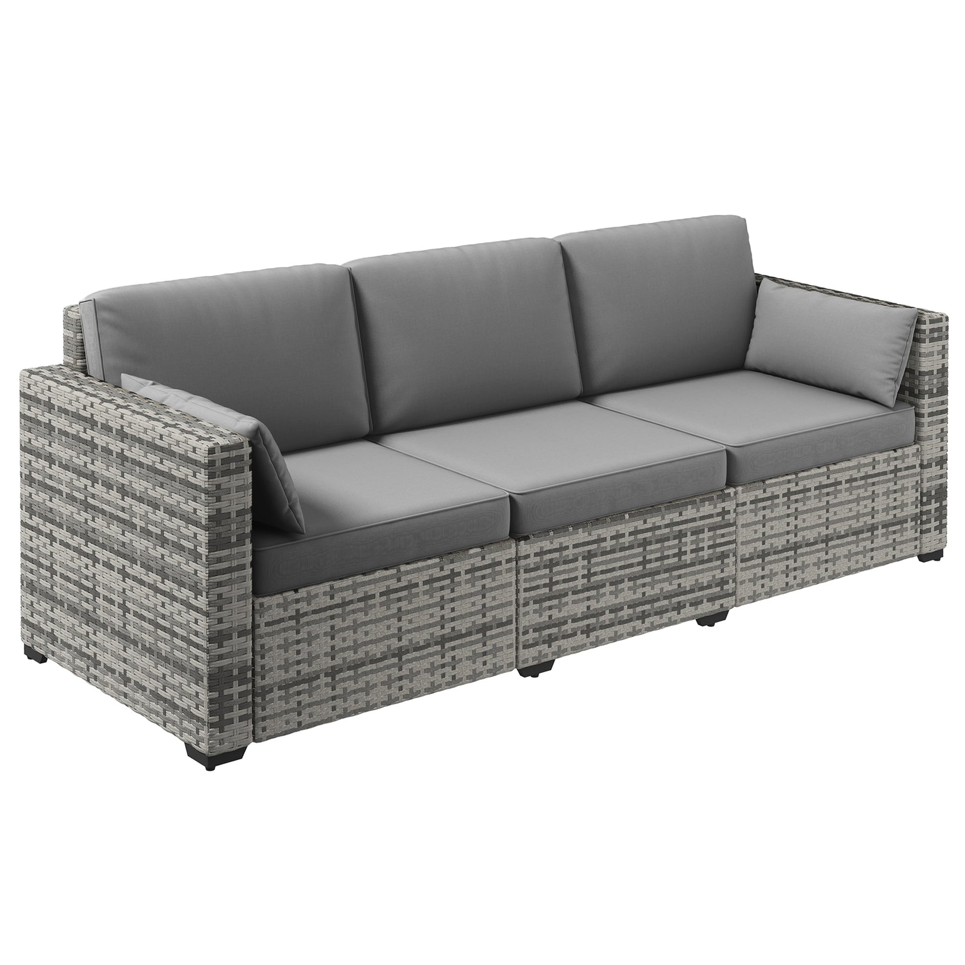 Three-Seater Outdoor Sofa with Cushions, PE Rattan Conversation Patio Wicker Couch Furniture with Pillows for Garden, Poolside, Deck, Balcony, Backyard, Grey