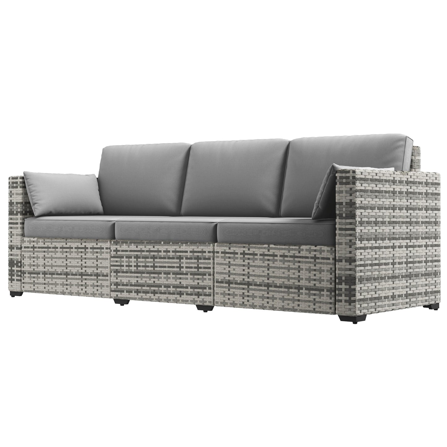 Three-Seater Outdoor Sofa with Cushions, PE Rattan Conversation Patio Wicker Couch Furniture with Pillows for Garden, Poolside, Deck, Balcony, Backyard, Grey