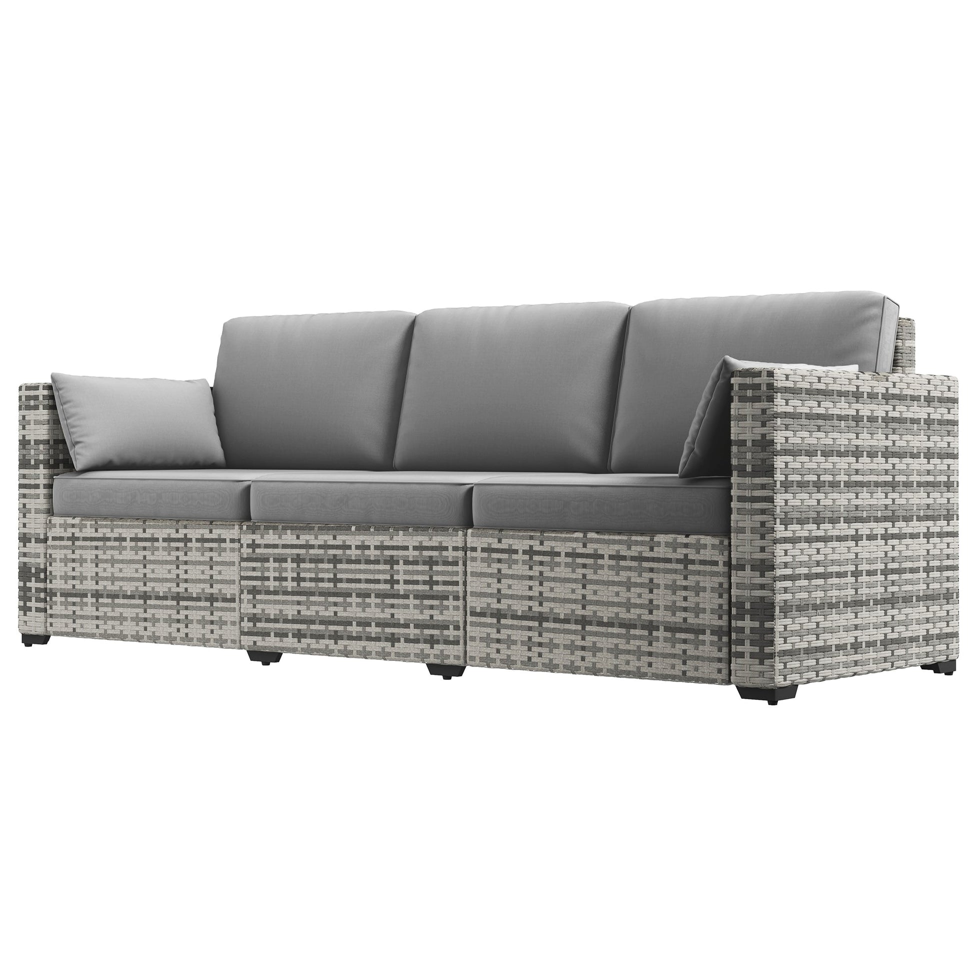 Three-Seater Outdoor Sofa with Cushions, PE Rattan Conversation Patio Wicker Couch Furniture with Pillows for Garden, Poolside, Deck, Balcony, Backyard, Grey