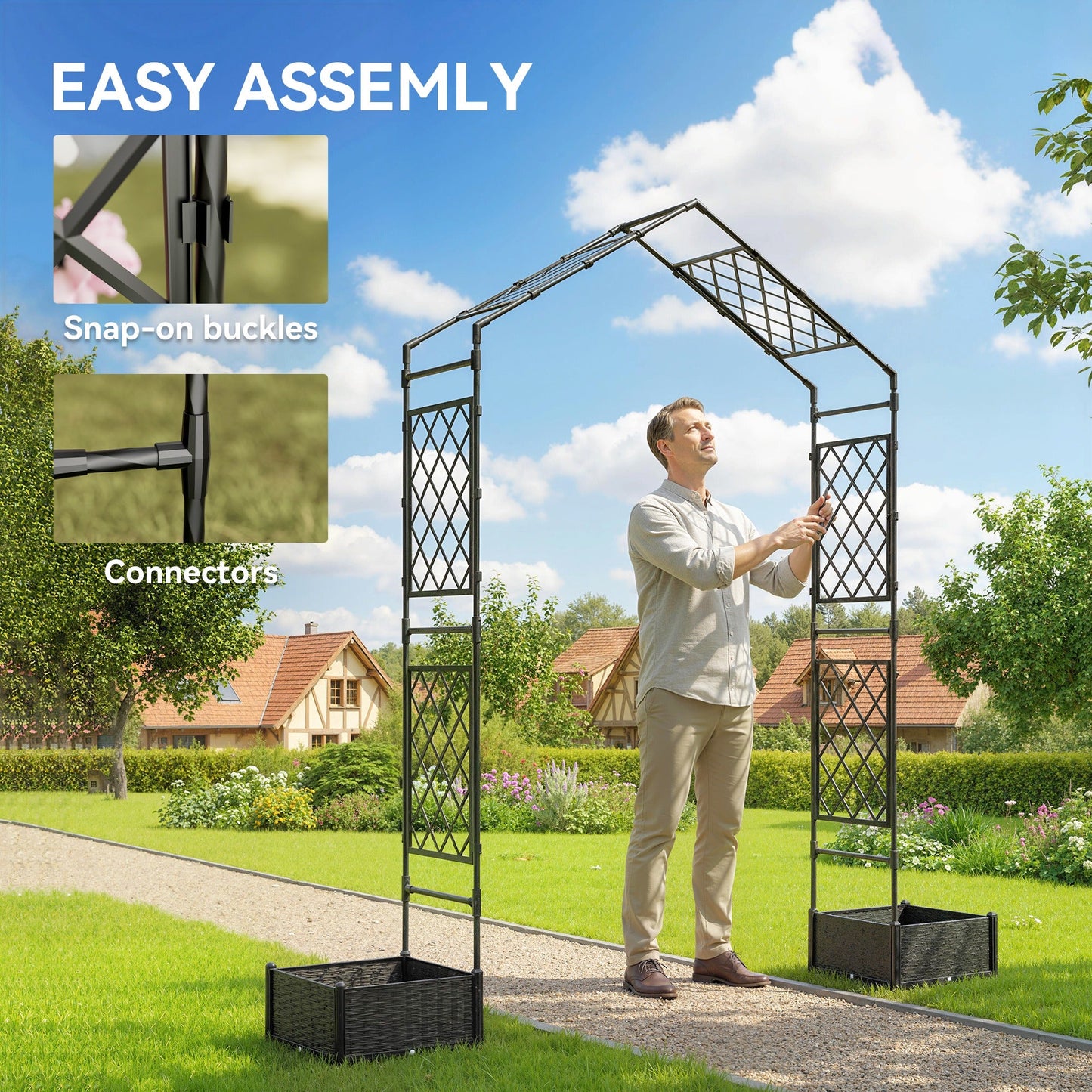 7.3ft Garden Arch with 2 Planter Boxes, PE-Coated Steel Outdoor Trellis Arbor for Climbing Plants, Wedding Arch for Party Outdoor Garden Backyard, Black