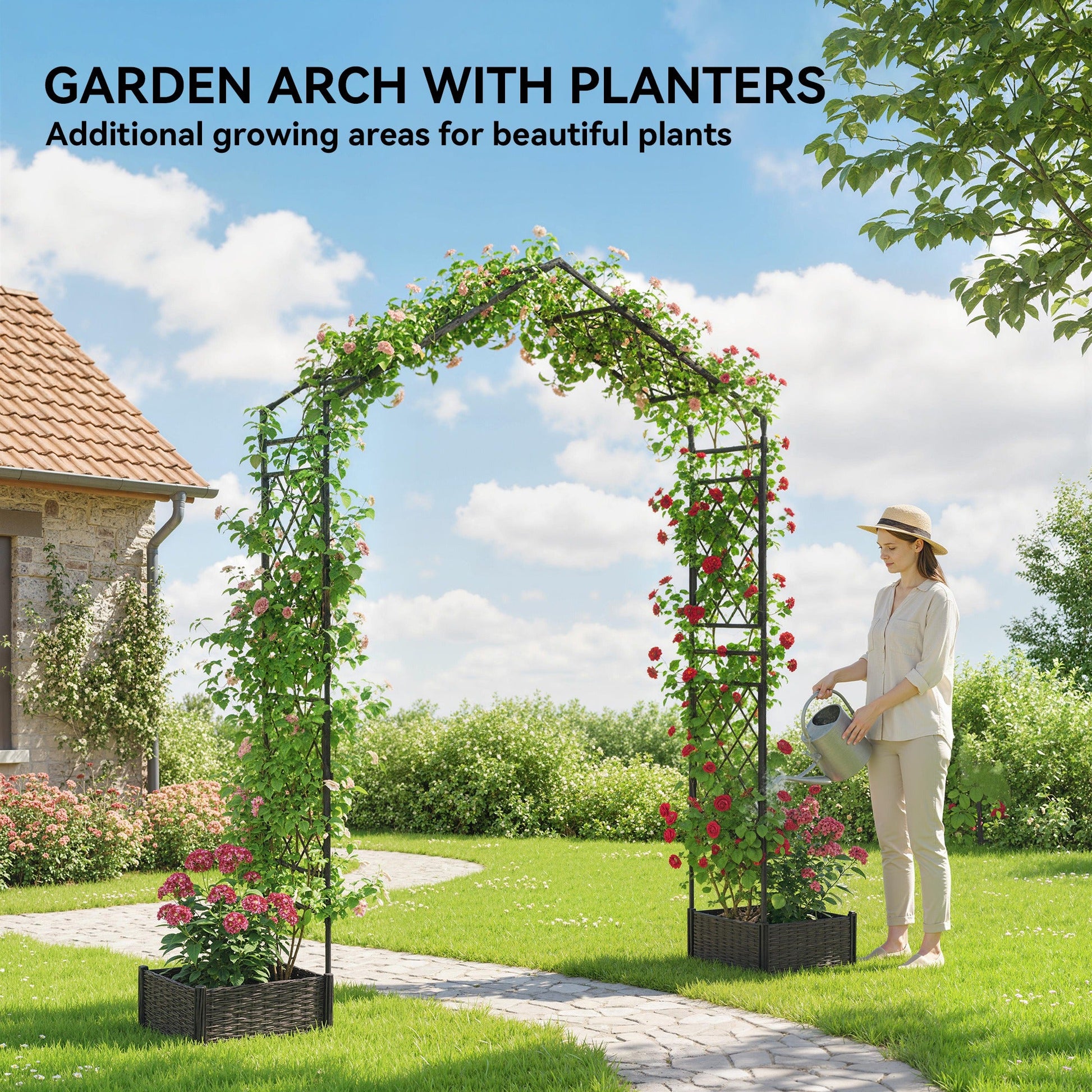 7.3ft Garden Arch with 2 Planter Boxes, PE-Coated Steel Outdoor Trellis Arbor for Climbing Plants, Wedding Arch for Party Outdoor Garden Backyard, Black
