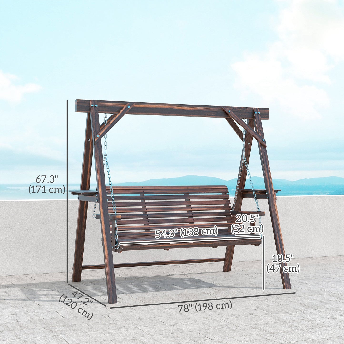 3 Seat Porch Swing with Stand, Wooden Patio Swing Chair with Side Tables and Metal Chains, Outdoor Swing Bench for Garden, Poolside, Backyard, Carbonized Brown