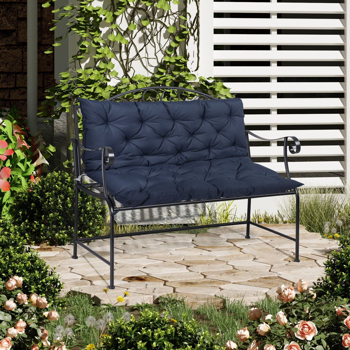 2 Seater Garden Bench Cushions, Thick Outdoor Non-Slip 2 Seater Soft Pad With Backrest for Garden Patio, 52" x 43" x 4", Navy Blue