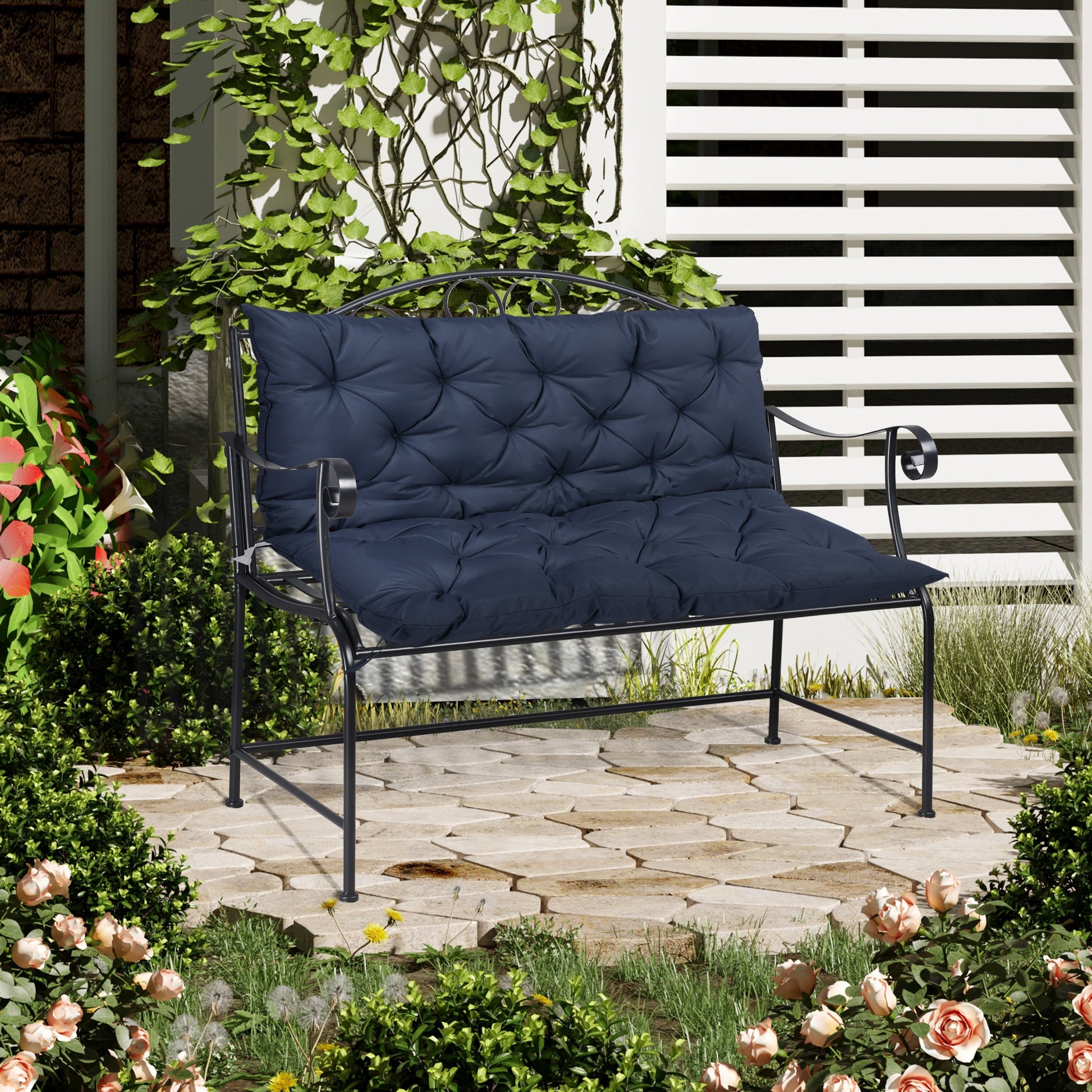 2 Seater Garden Bench Cushions, Thick Outdoor Non-Slip 2 Seater Soft Pad With Backrest for Garden Patio, 52" x 43" x 4", Navy Blue