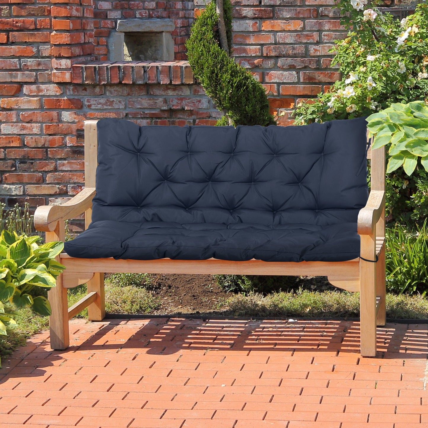 2 Seater Garden Bench Cushions, Thick Outdoor Non-Slip 2 Seater Soft Pad With Backrest for Garden Patio, 52" x 43" x 4", Navy Blue