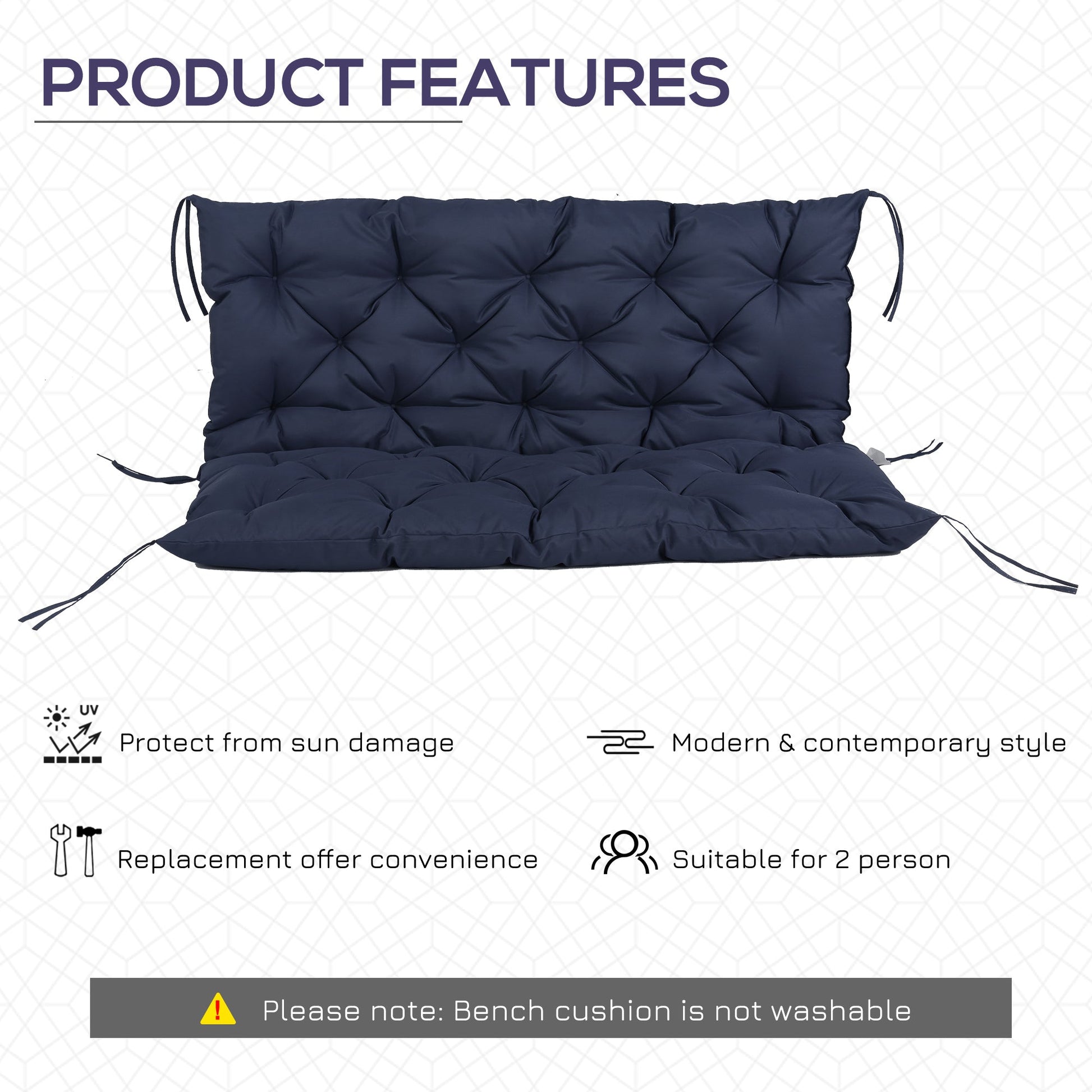 2 Seater Garden Bench Cushions, Thick Outdoor Non-Slip 2 Seater Soft Pad With Backrest for Garden Patio, 52" x 43" x 4", Navy Blue