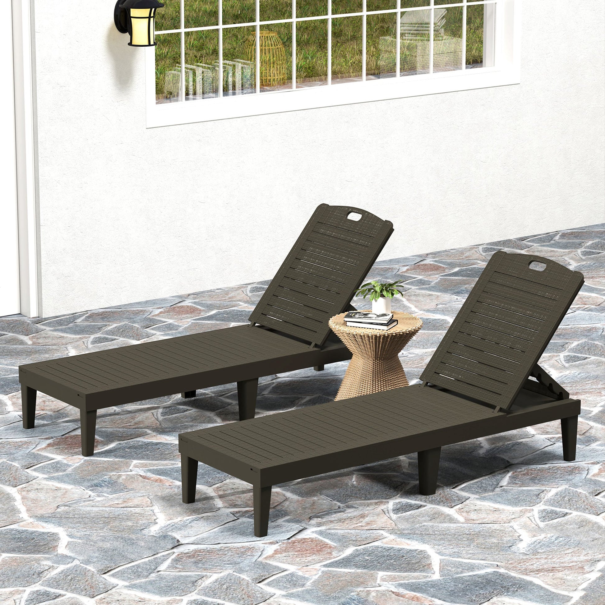 Outdoor Chaise Lounge Chairs Set of 2, Waterproof Resin Reclining Chaise Loungers with 4-Position Adjustable Backrest, Sun Tanning Chair Set for Backyard, Beach, Black