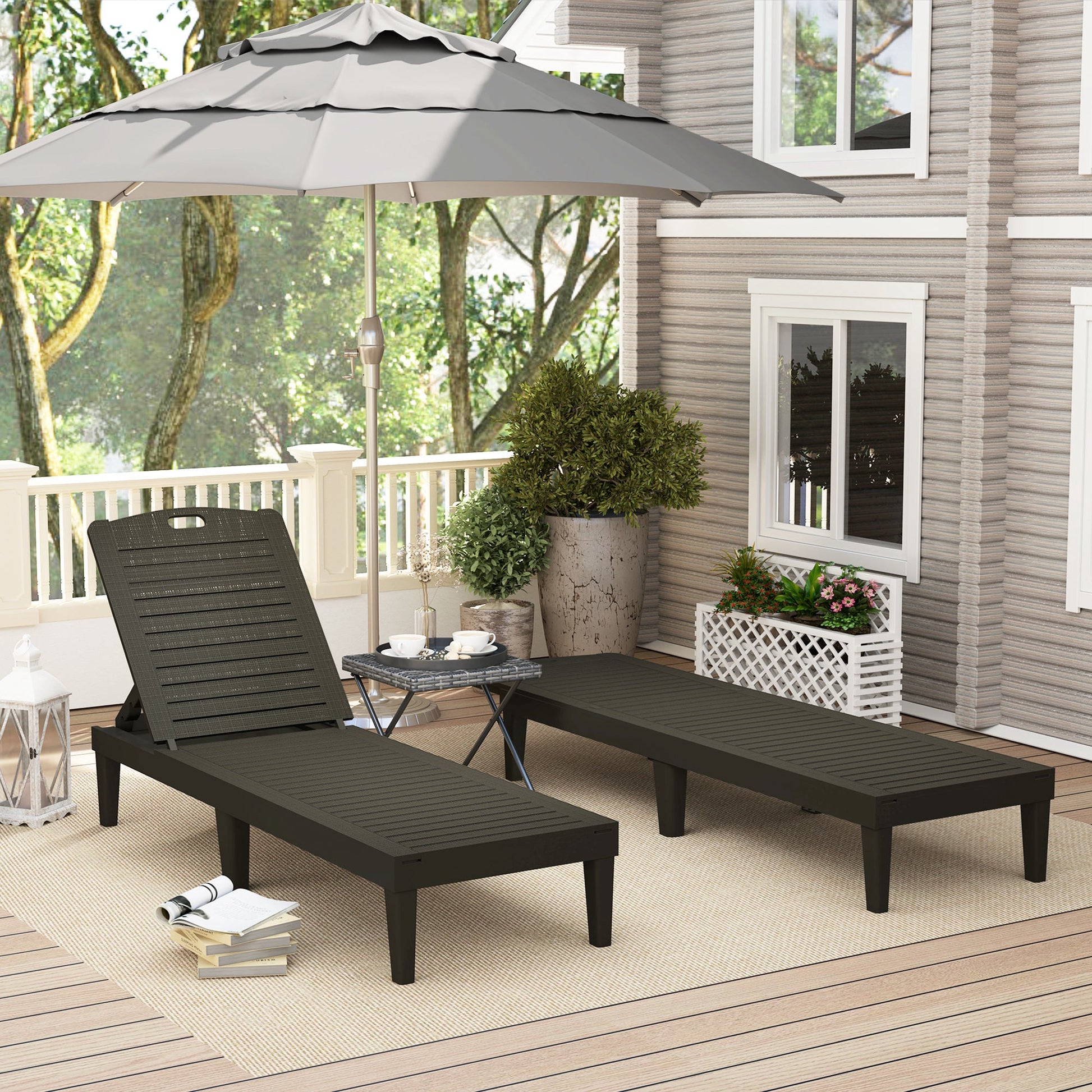 Outdoor Chaise Lounge Chairs Set of 2, Waterproof Resin Reclining Chaise Loungers with 4-Position Adjustable Backrest, Sun Tanning Chair Set for Backyard, Beach, Black