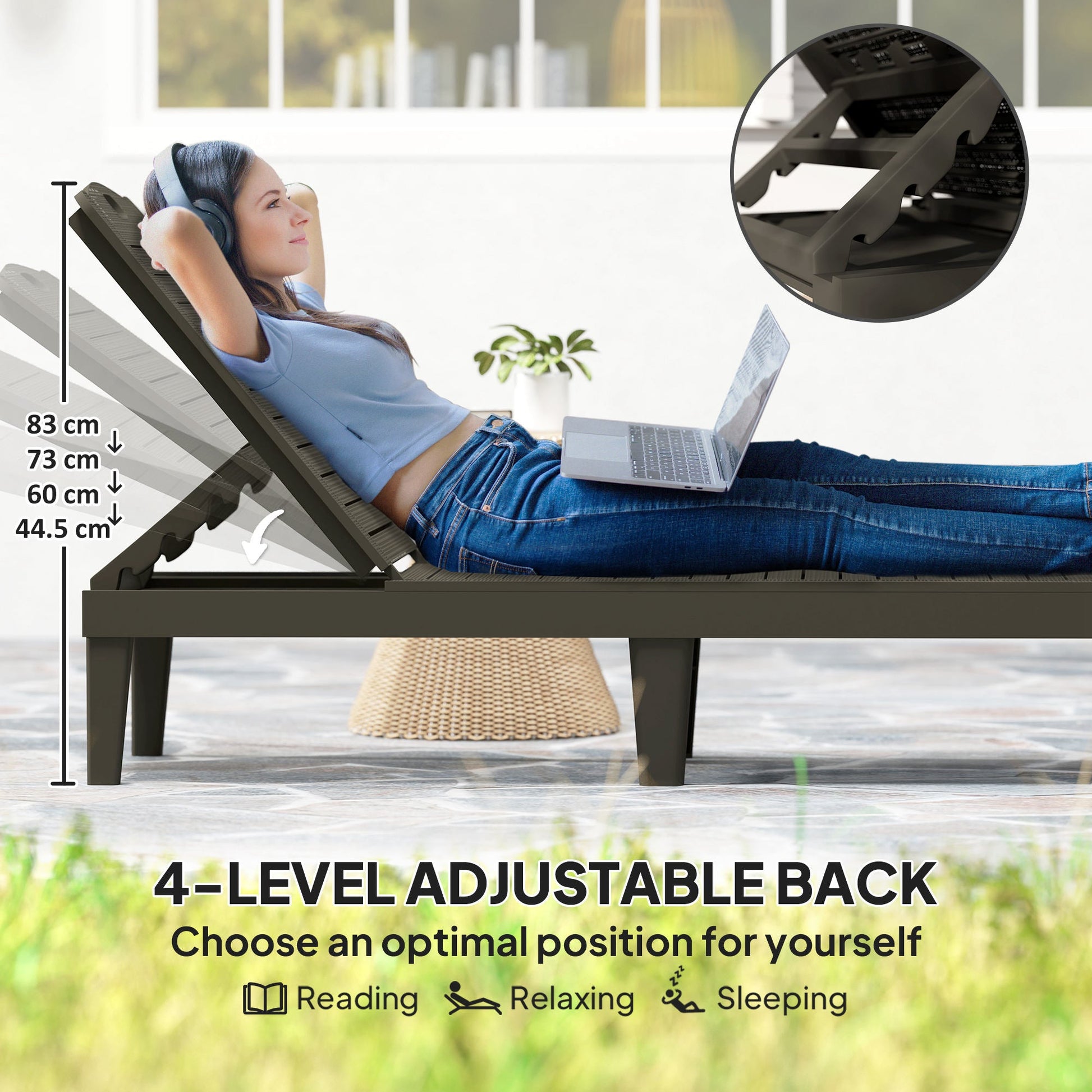 Outdoor Chaise Lounge Chairs Set of 2, Waterproof Resin Reclining Chaise Loungers with 4-Position Adjustable Backrest, Sun Tanning Chair Set for Backyard, Beach, Black