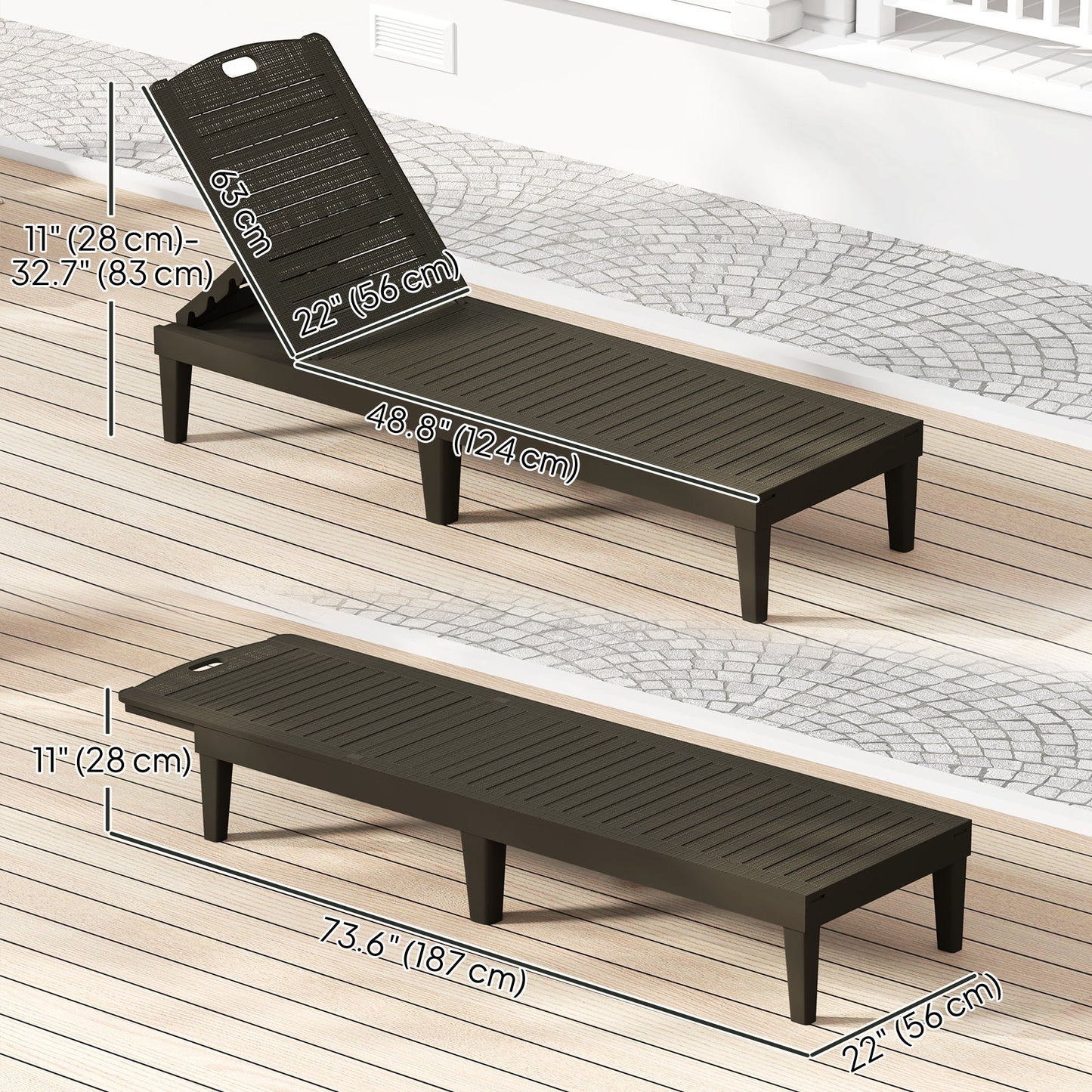 Outdoor Chaise Lounge Chairs Set of 2, Waterproof Resin Reclining Chaise Loungers with 4-Position Adjustable Backrest, Sun Tanning Chair Set for Backyard, Beach, Black