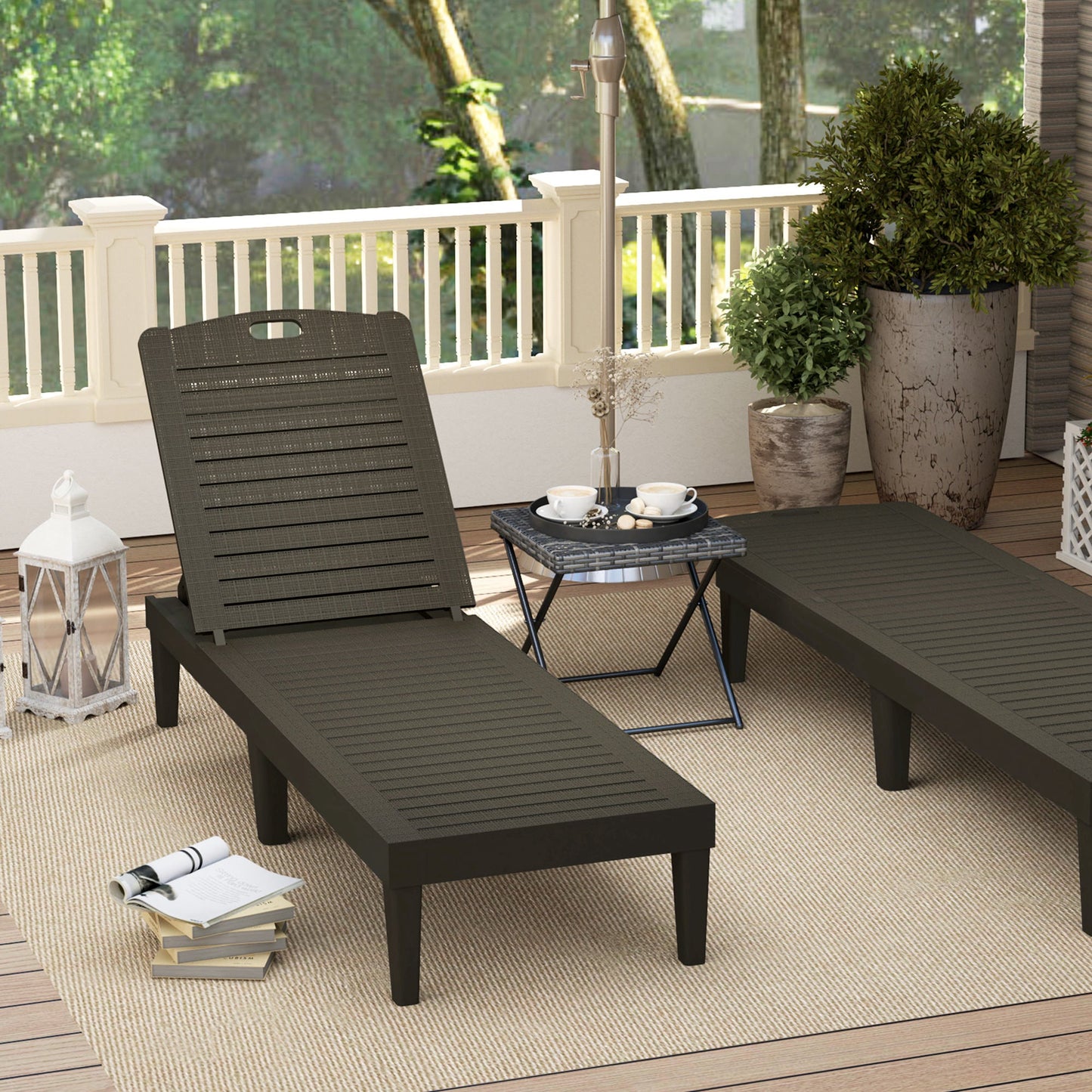 Outdoor Chaise Lounge Chairs Set of 2, Waterproof Resin Reclining Chaise Loungers with 4-Position Adjustable Backrest, Sun Tanning Chair Set for Backyard, Beach, Black
