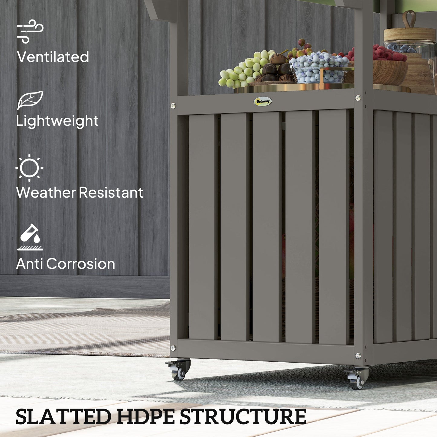 Outdoor Bar Cart with Storage Cabinet, Stainless Steel Top Outdoor Kitchen Cabinet with Wheels, HDPE Bar Table Beverage Food Prep Station for Indoor Outdoor, Dark Grey