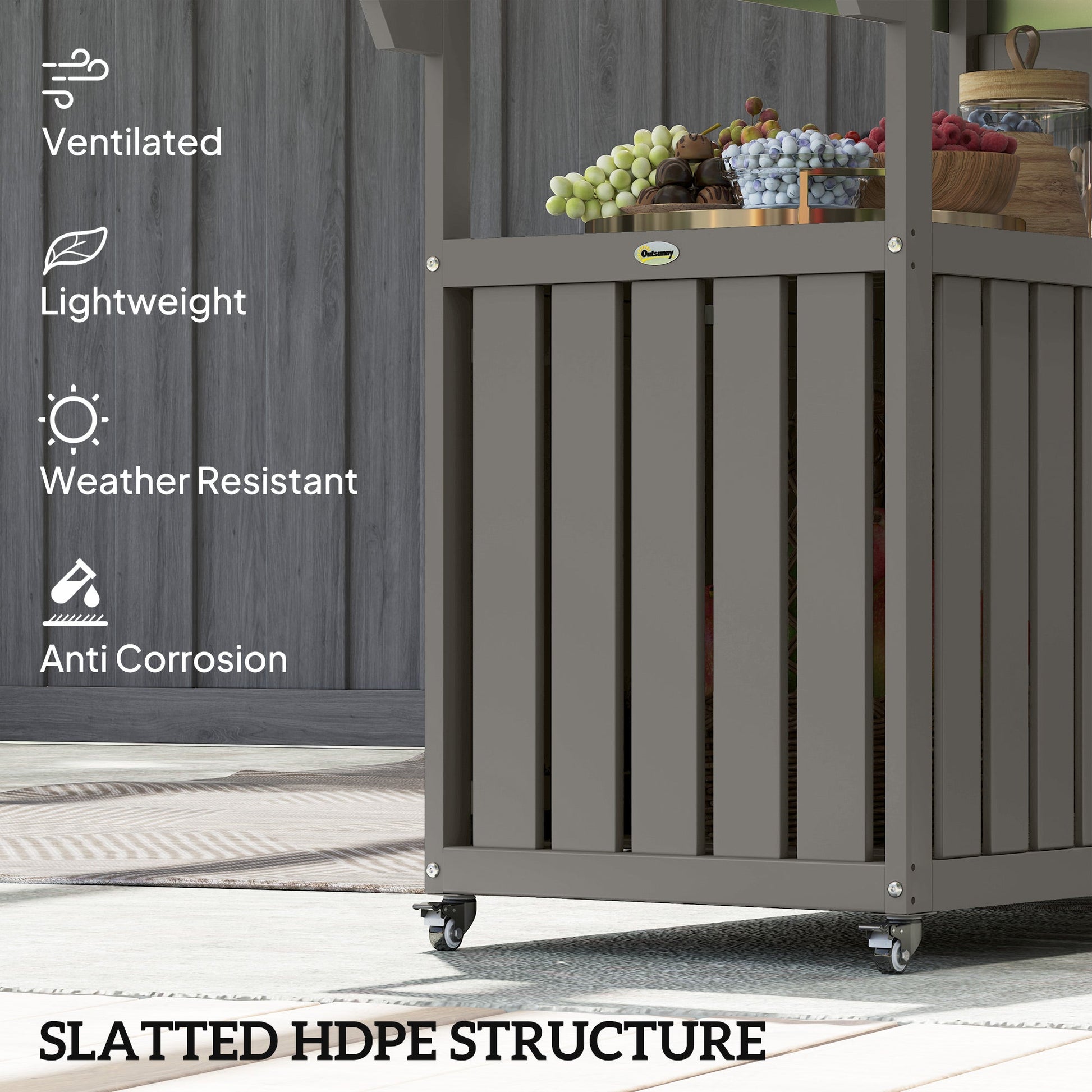 Outdoor Bar Cart with Storage Cabinet, Stainless Steel Top Outdoor Kitchen Cabinet with Wheels, HDPE Bar Table Beverage Food Prep Station for Indoor Outdoor, Dark Grey