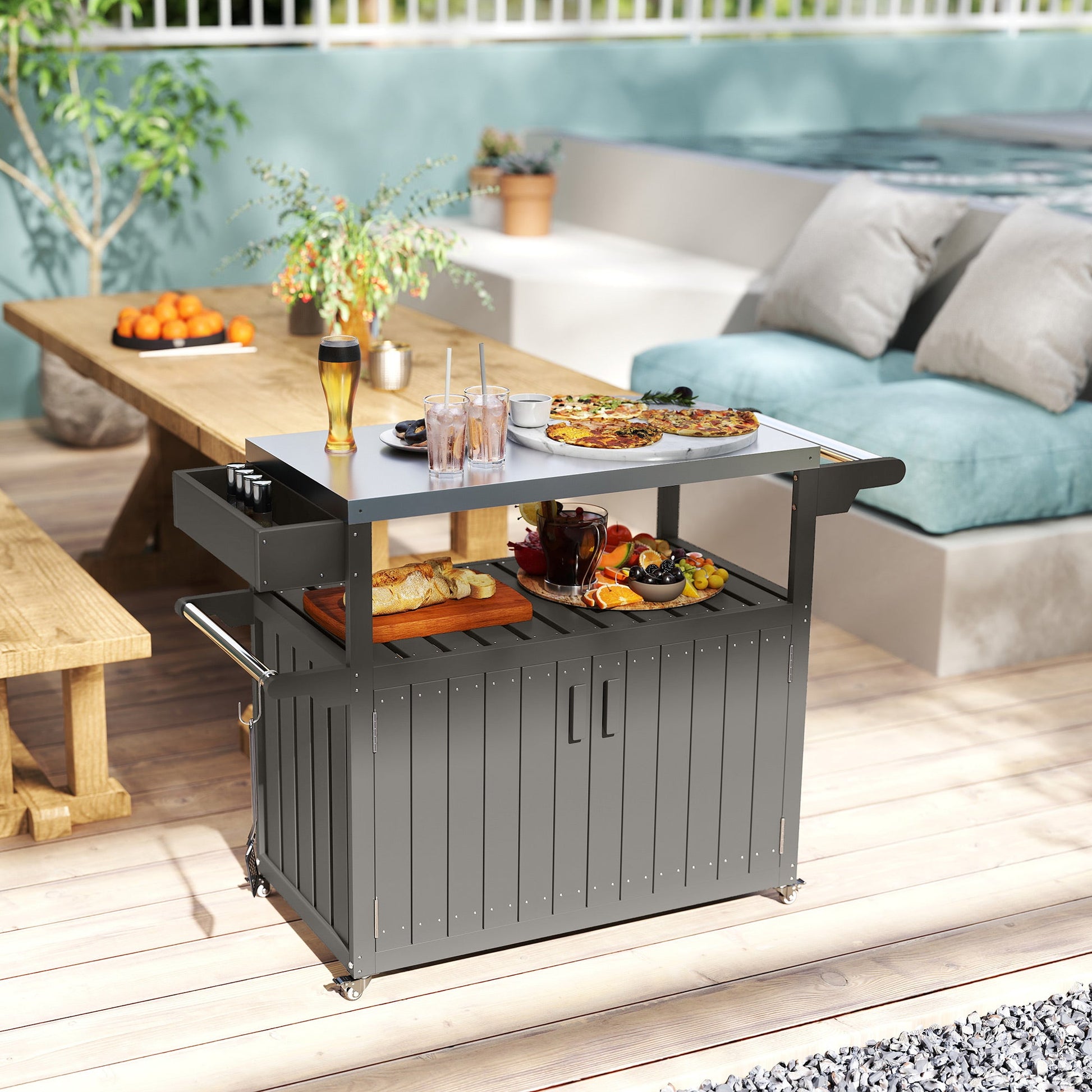 Outdoor Bar Cart with Storage Cabinet, Stainless Steel Top Outdoor Kitchen Cabinet with Wheels, HDPE Bar Table Beverage Food Prep Station for Indoor Outdoor, Dark Grey