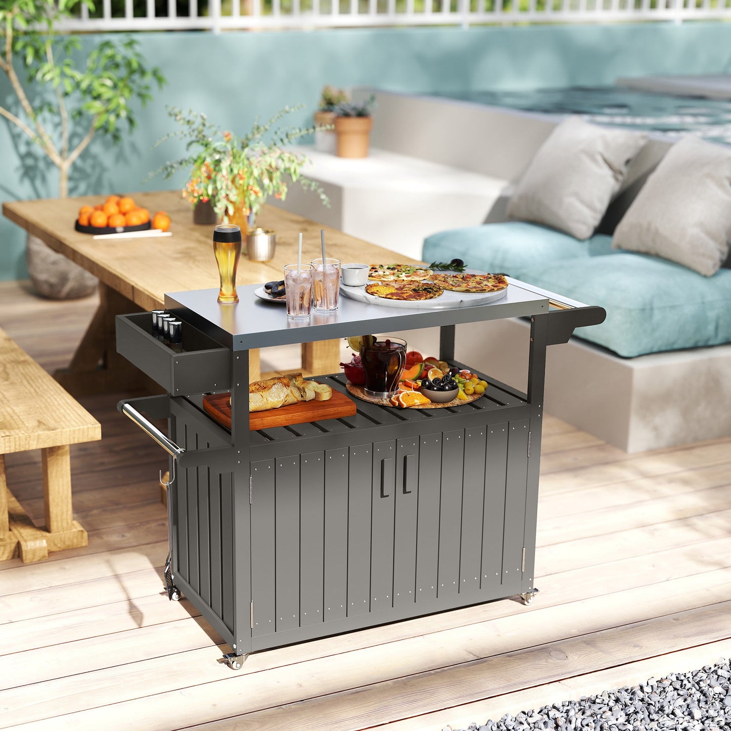 Outdoor Bar Cart with Storage Cabinet, Stainless Steel Top Outdoor Kitchen Cabinet with Wheels, HDPE Bar Table Beverage Food Prep Station for Indoor Outdoor, Dark Grey