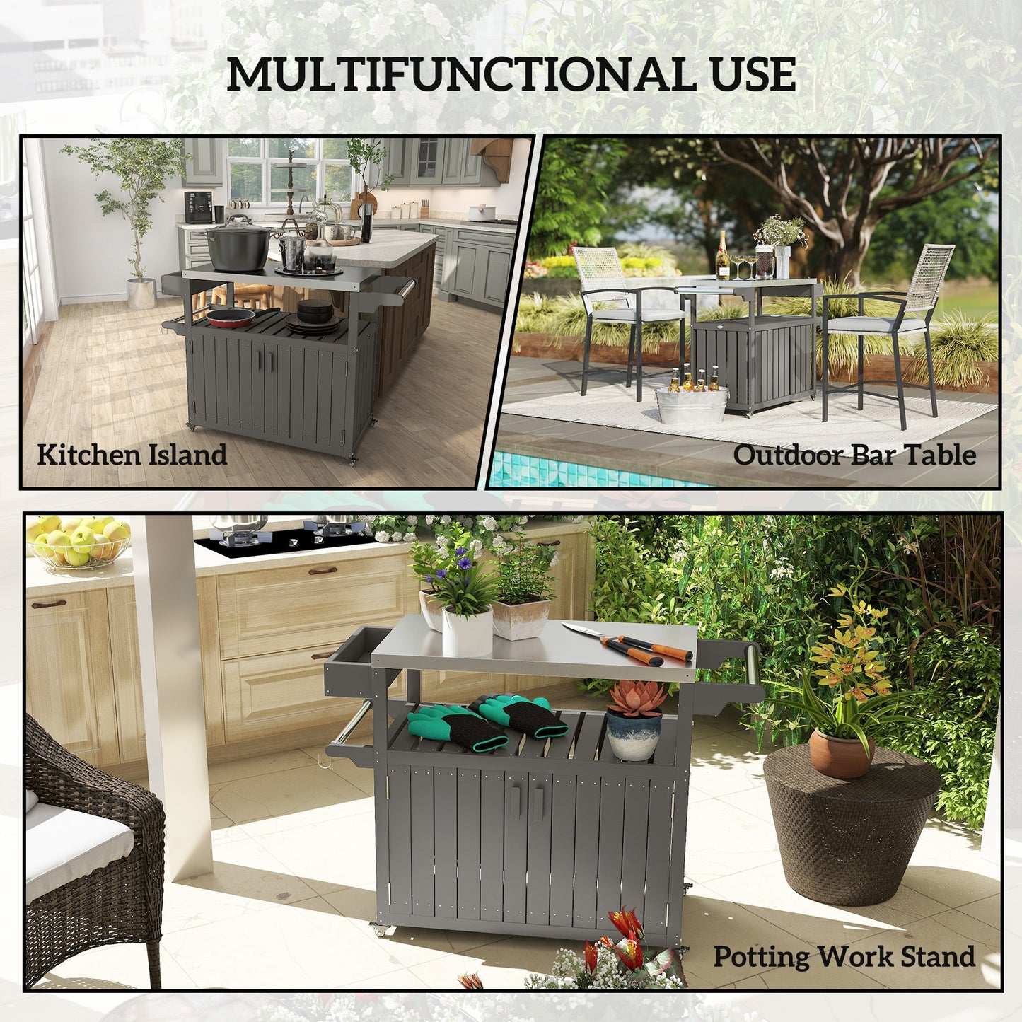 Outdoor Bar Cart with Storage Cabinet, Stainless Steel Top Outdoor Kitchen Cabinet with Wheels, HDPE Bar Table Beverage Food Prep Station for Indoor Outdoor, Dark Grey
