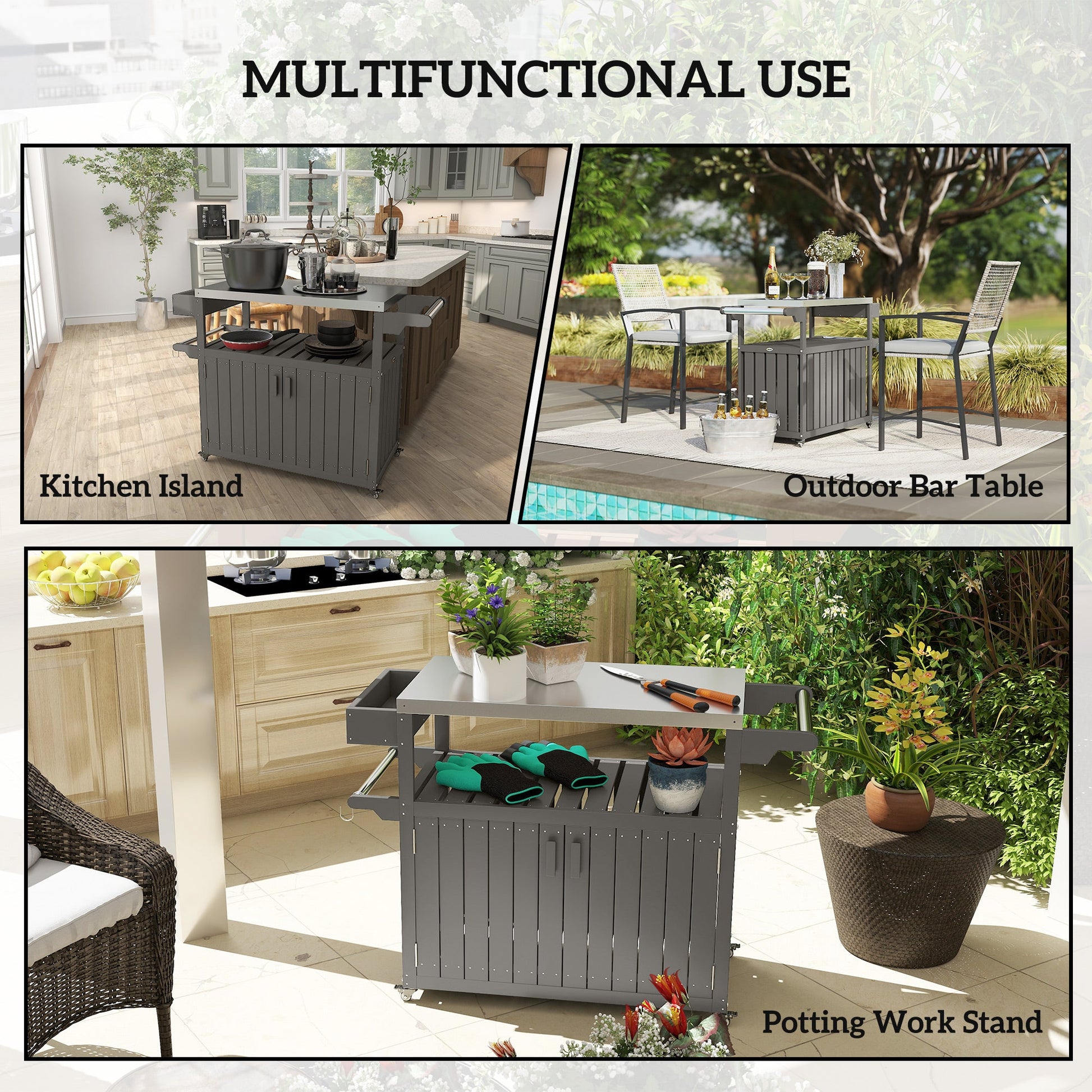 Outdoor Bar Cart with Storage Cabinet, Stainless Steel Top Outdoor Kitchen Cabinet with Wheels, HDPE Bar Table Beverage Food Prep Station for Indoor Outdoor, Dark Grey