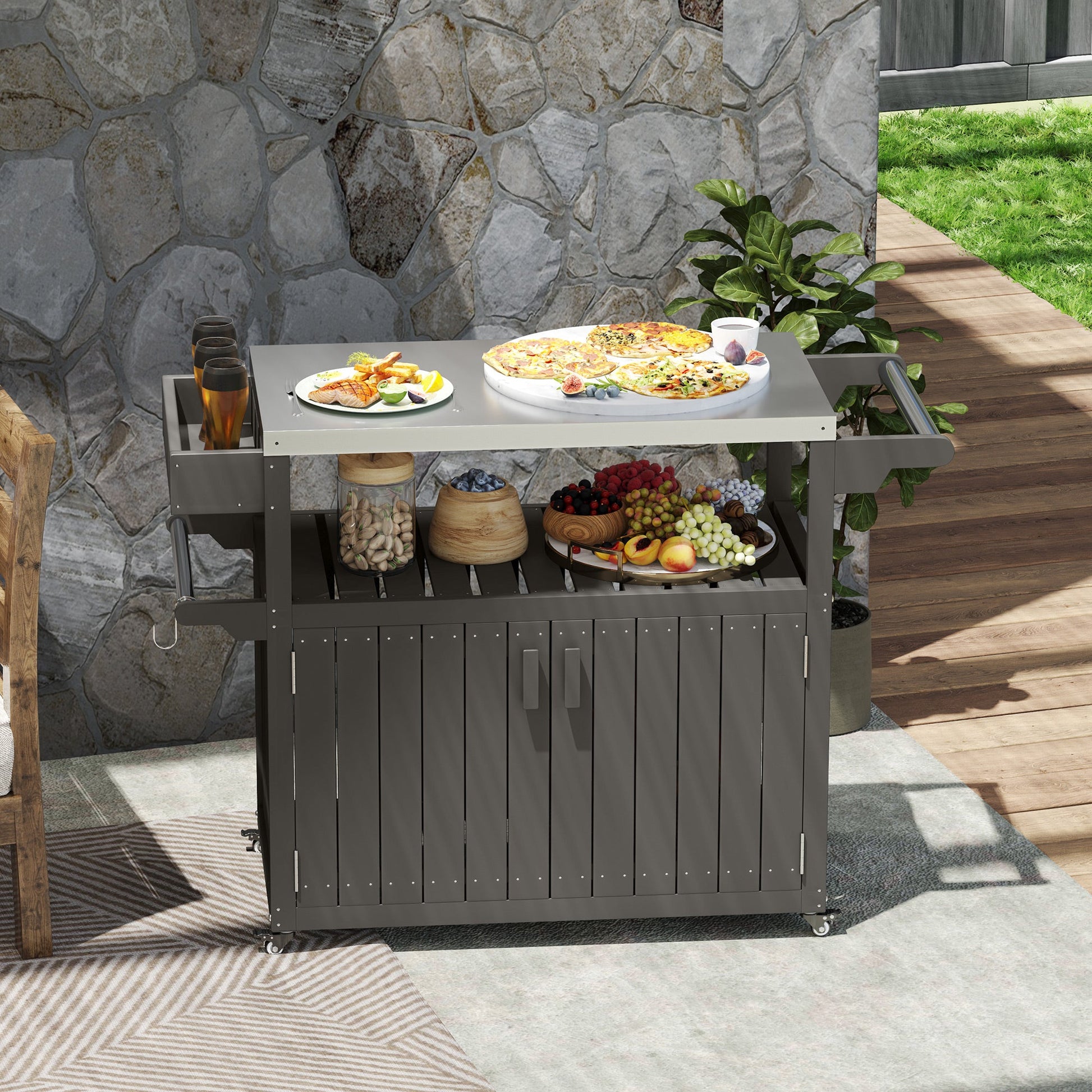 Outdoor Bar Cart with Storage Cabinet, Stainless Steel Top Outdoor Kitchen Cabinet with Wheels, HDPE Bar Table Beverage Food Prep Station for Indoor Outdoor, Dark Grey