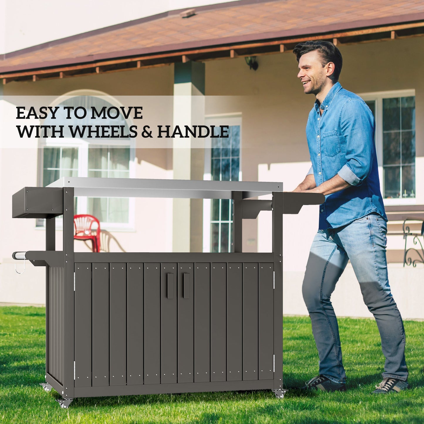 Outdoor Bar Cart with Storage Cabinet, Stainless Steel Top Outdoor Kitchen Cabinet with Wheels, HDPE Bar Table Beverage Food Prep Station for Indoor Outdoor, Dark Grey