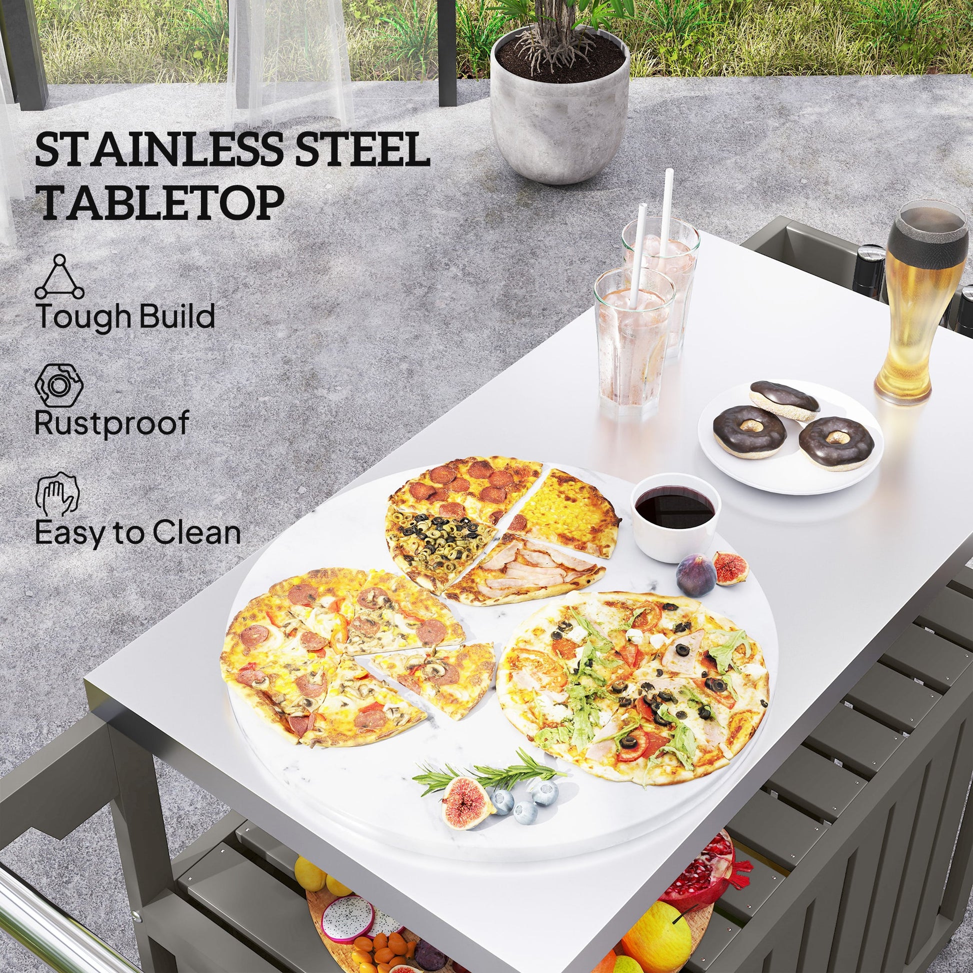 Outdoor Bar Cart with Storage Cabinet, Stainless Steel Top Outdoor Kitchen Cabinet with Wheels, HDPE Bar Table Beverage Food Prep Station for Indoor Outdoor, Dark Grey