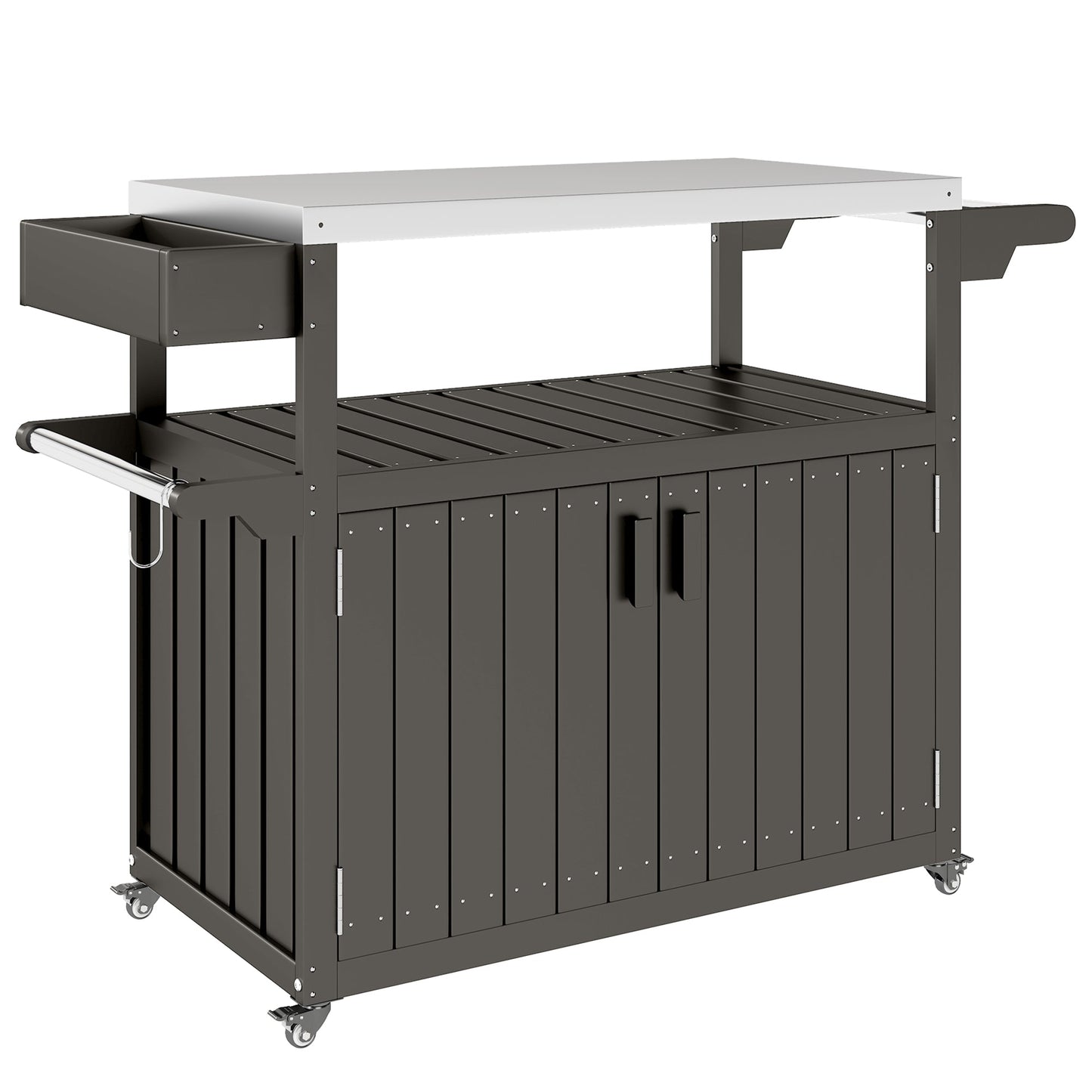 Outdoor Bar Cart with Storage Cabinet, Stainless Steel Top Outdoor Kitchen Cabinet with Wheels, HDPE Bar Table Beverage Food Prep Station for Indoor Outdoor, Dark Grey