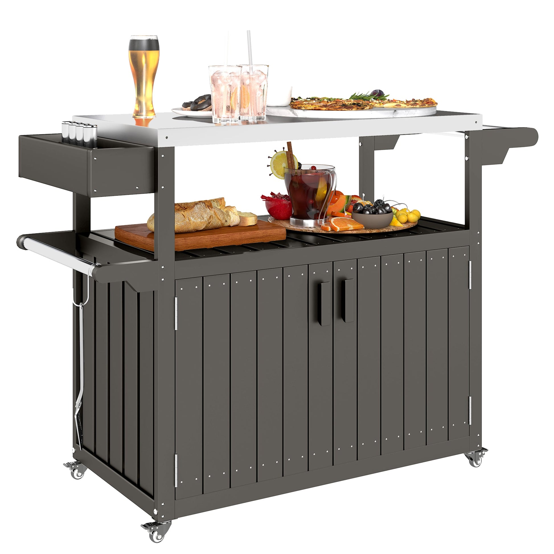 Outdoor Bar Cart with Storage Cabinet, Stainless Steel Top Outdoor Kitchen Cabinet with Wheels, HDPE Bar Table Beverage Food Prep Station for Indoor Outdoor, Dark Grey