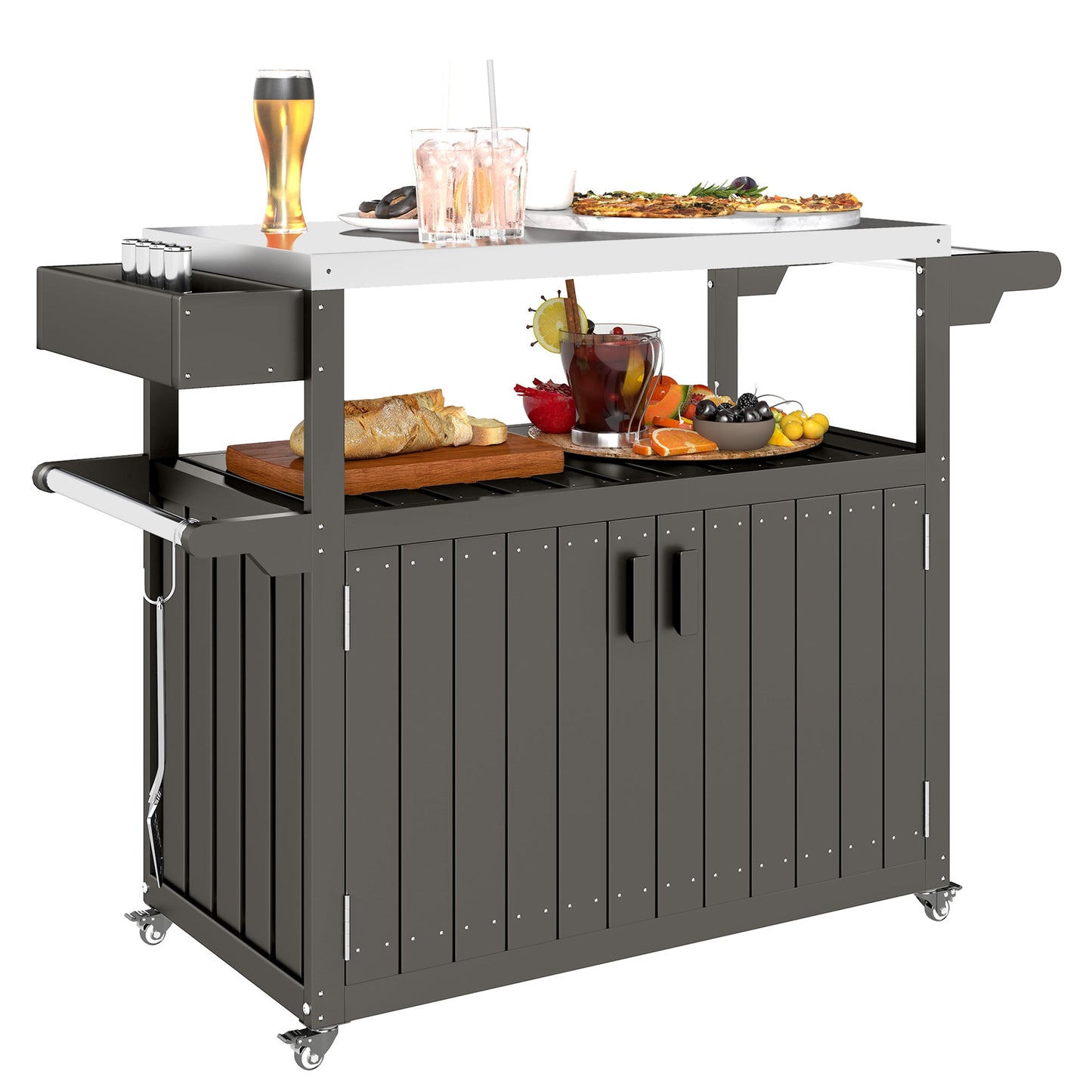 Outdoor Bar Cart with Storage Cabinet, Stainless Steel Top Outdoor Kitchen Cabinet with Wheels, HDPE Bar Table Beverage Food Prep Station for Indoor Outdoor, Dark Grey