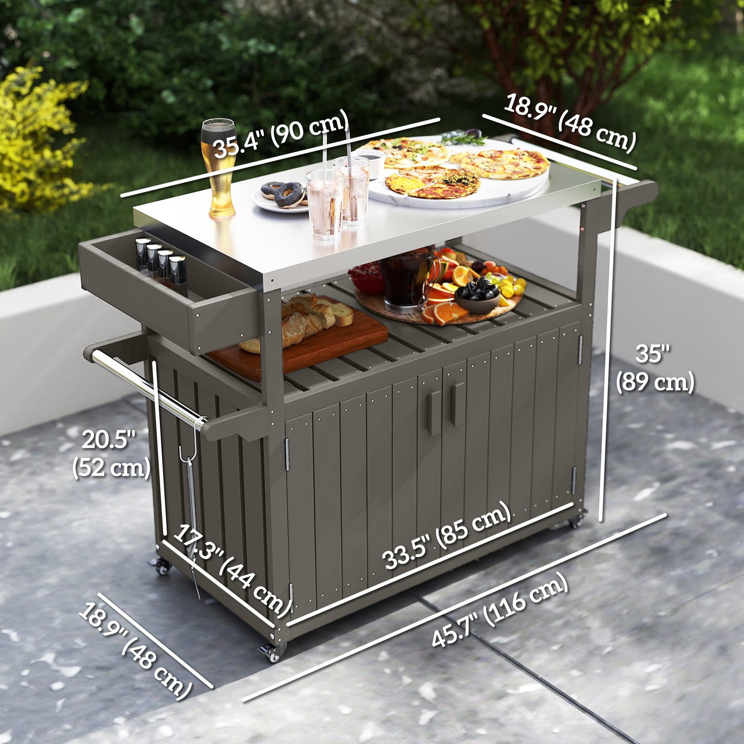 Outdoor Bar Cart with Storage Cabinet, Stainless Steel Top Outdoor Kitchen Cabinet with Wheels, HDPE Bar Table Beverage Food Prep Station for Indoor Outdoor, Dark Grey