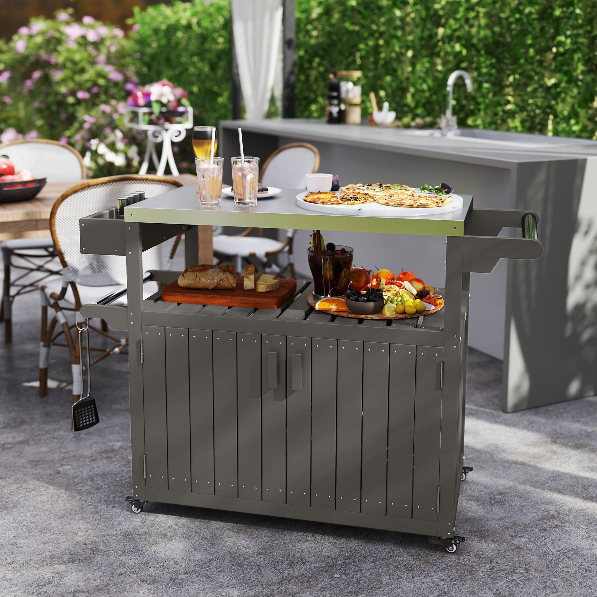 Outdoor Bar Cart with Storage Cabinet, Stainless Steel Top Outdoor Kitchen Cabinet with Wheels, HDPE Bar Table Beverage Food Prep Station for Indoor Outdoor, Dark Grey