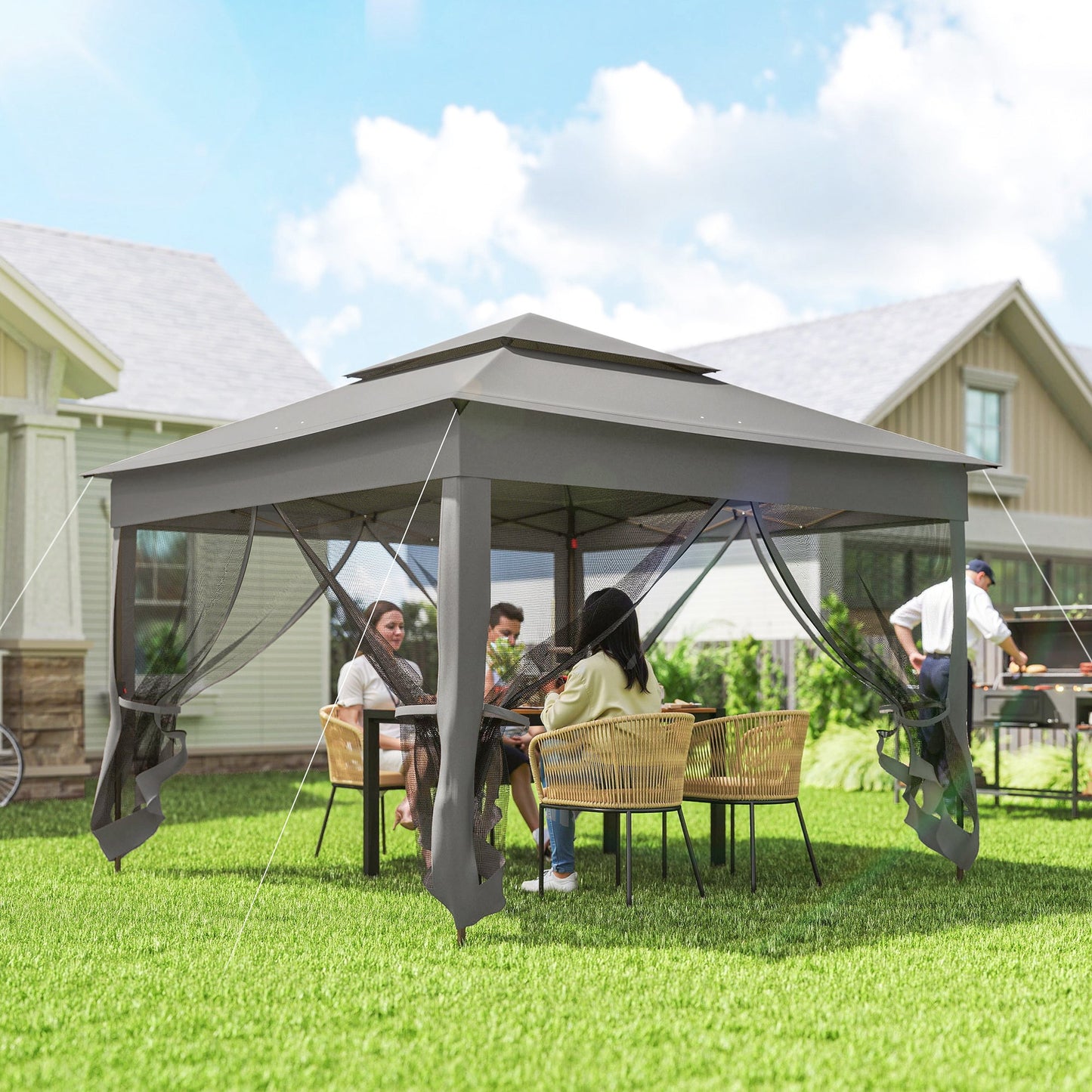 11' x 11' Pop Up Canopy, Outdoor Canopy Shelter Event Tent with 2-Tier Soft Top, Removable Zipper Netting and Storage Bag, for Patio, Backyard, Garden, Camping, Dark Grey