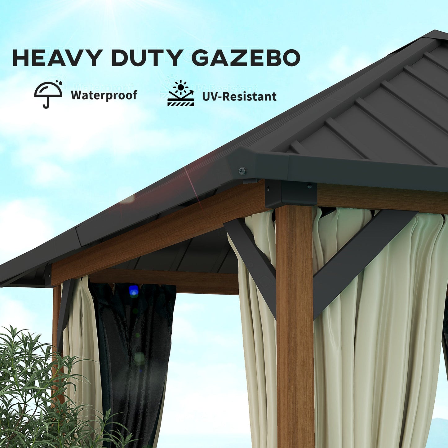10' x 10' Hardtop Gazebo with Galvanized Steel Roof, Permanent Pavilion Outdoor Gazebo with Netting and Curtains for Patio, Garden, Backyard, Lawn, Wood Finish