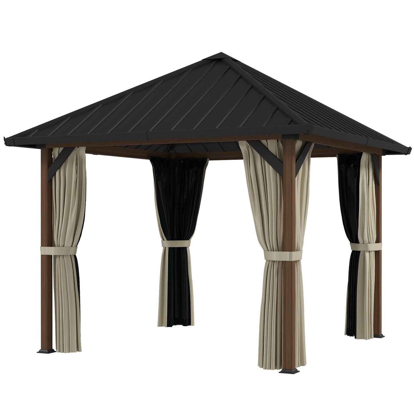 10' x 10' Hardtop Gazebo with Galvanized Steel Roof, Permanent Pavilion Outdoor Gazebo with Netting and Curtains for Patio, Garden, Backyard, Lawn, Wood Finish