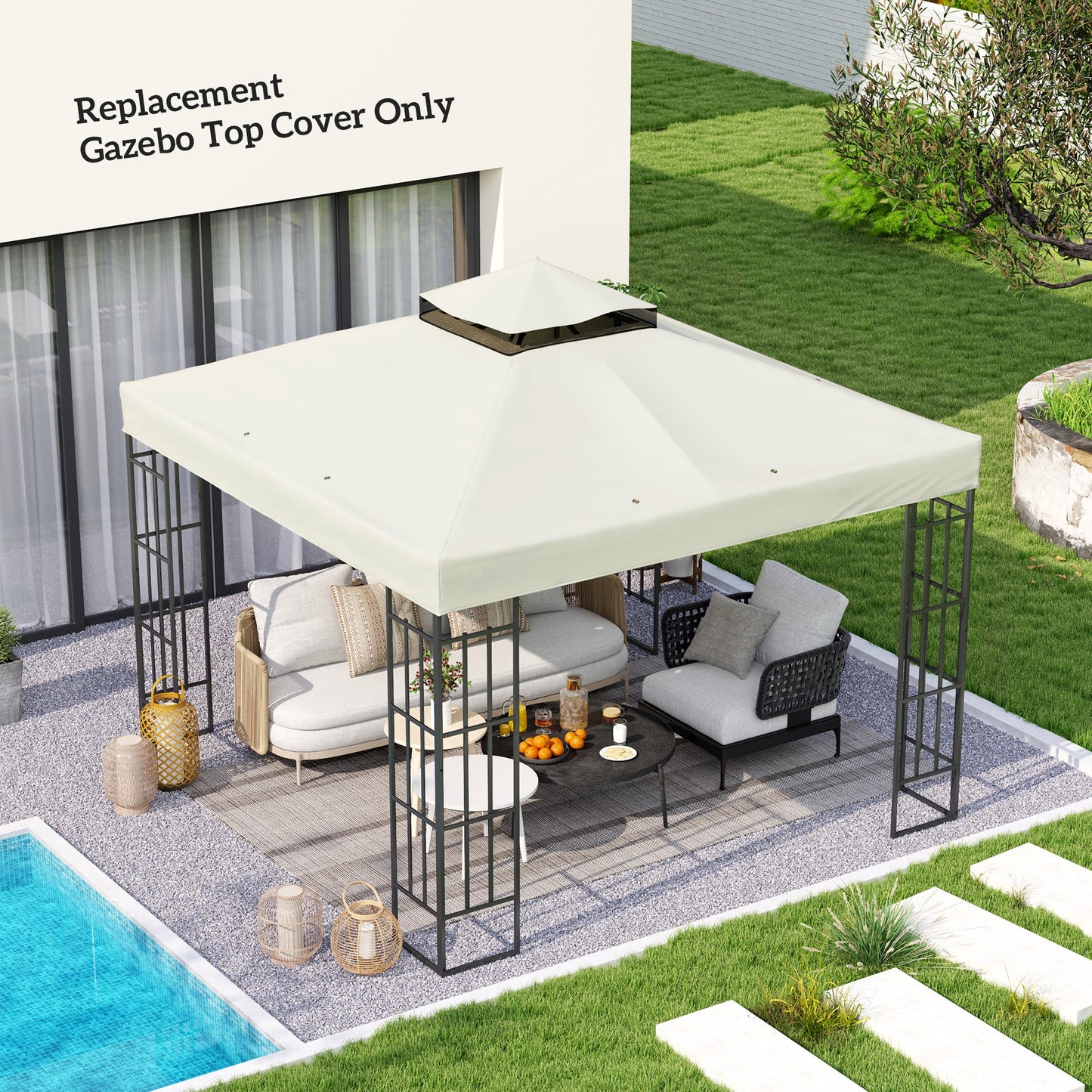 10' x 10' Gazebo Replacement Canopy Cover, 2-Tier Outdoor Gazebo Roof Replacement with Drain Holes, Water Resistant Plastic Coating, 370g/㎡, UPF30+, TOP COVER ONLY, Light Grey