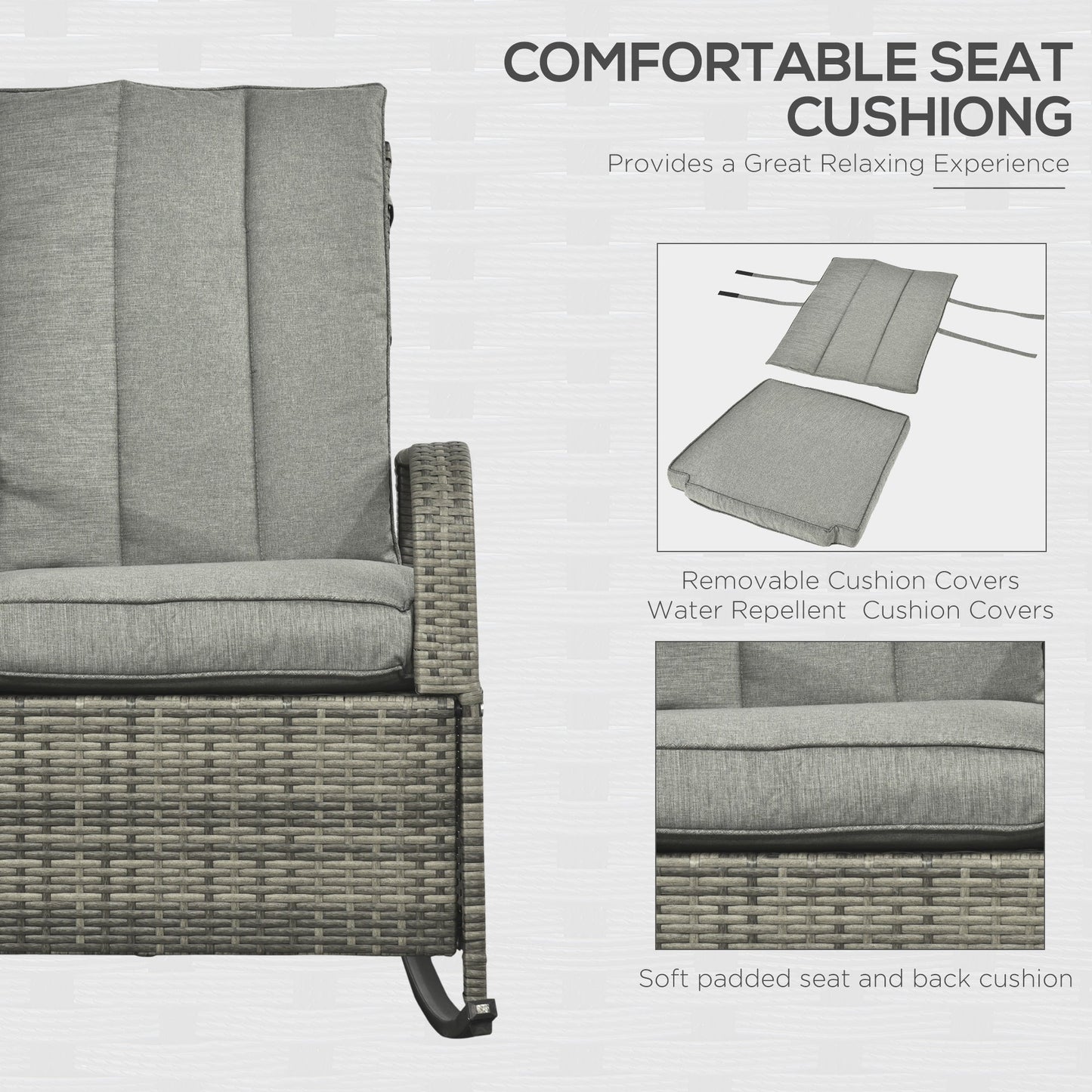 Outdoor Wicker Rocking Chair with Cushion, Patio PE Rattan Recliner Chair with Adjustable Footrest, Armrests, Mixed Grey