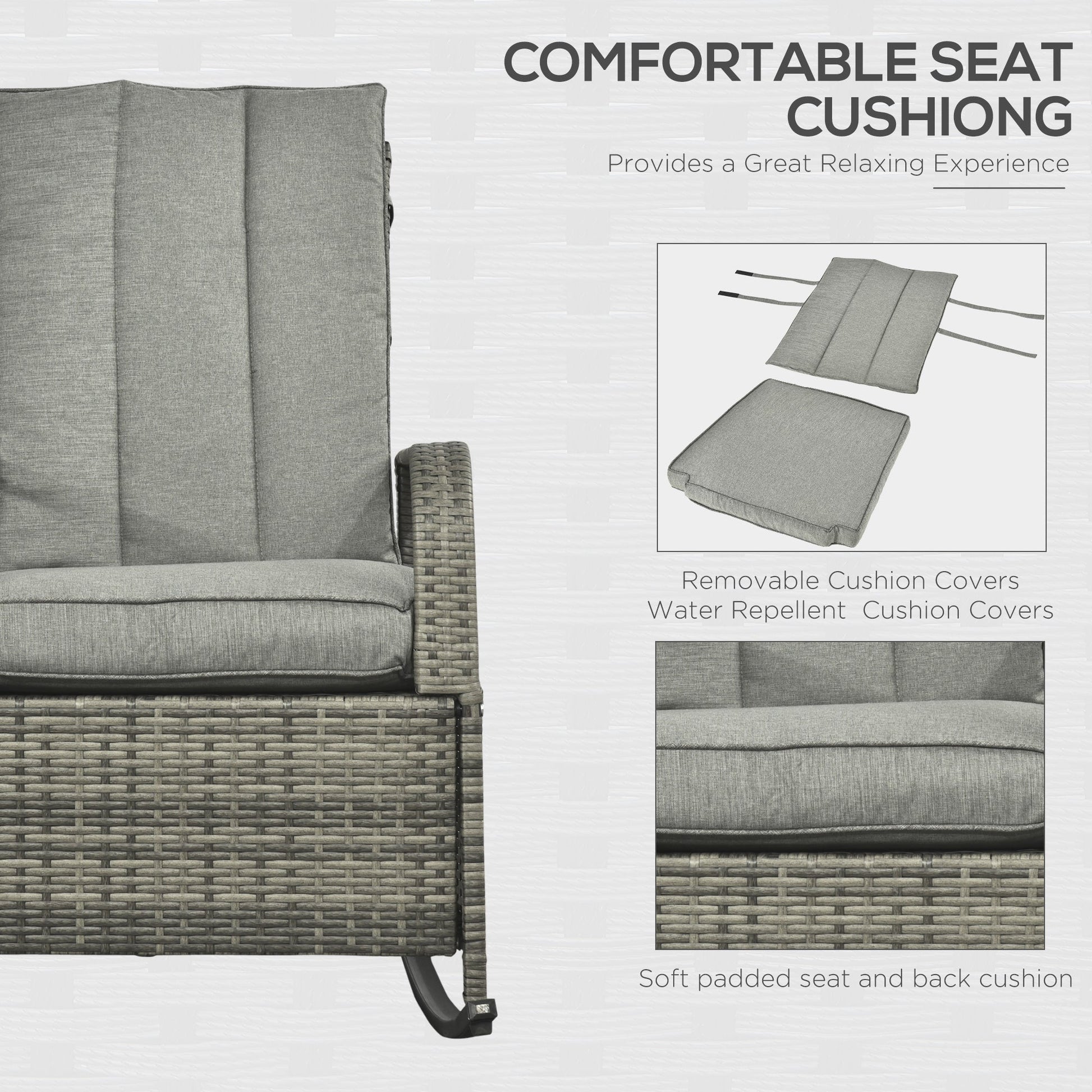 Outdoor Wicker Rocking Chair with Cushion, Patio PE Rattan Recliner Chair with Adjustable Footrest, Armrests, Mixed Grey
