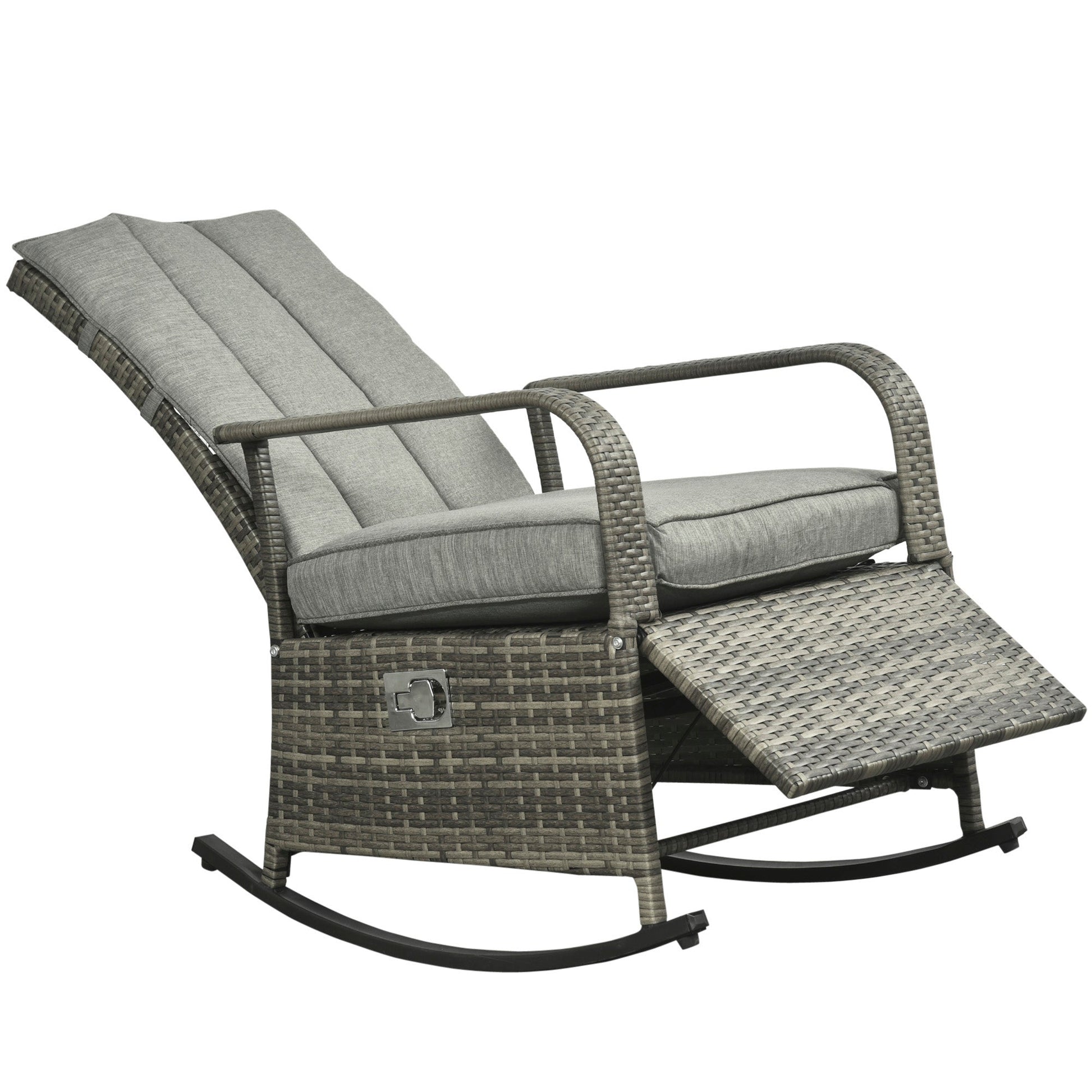 Outdoor Wicker Rocking Chair with Cushion, Patio PE Rattan Recliner Chair with Adjustable Footrest, Armrests, Mixed Grey