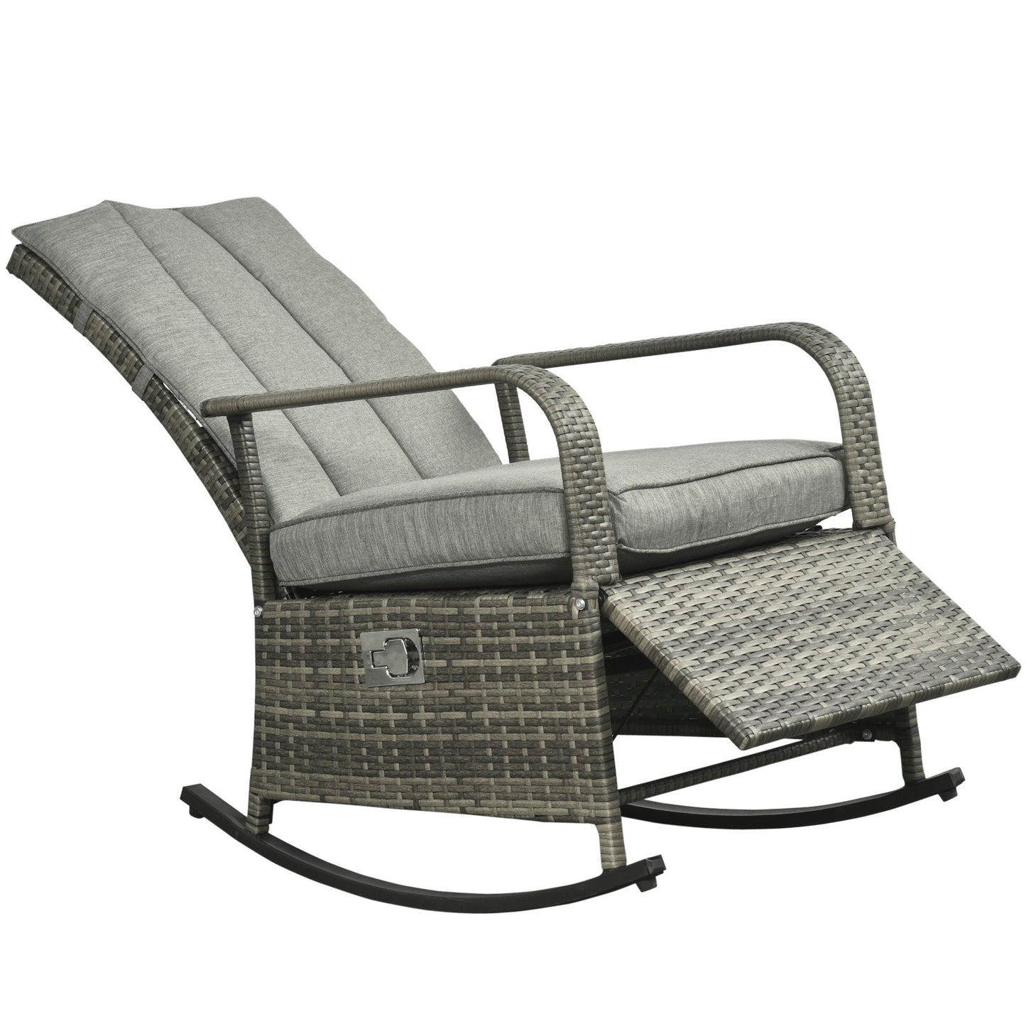 Outdoor Wicker Rocking Chair with Cushion, Patio PE Rattan Recliner Chair with Adjustable Footrest, Armrests, Mixed Grey