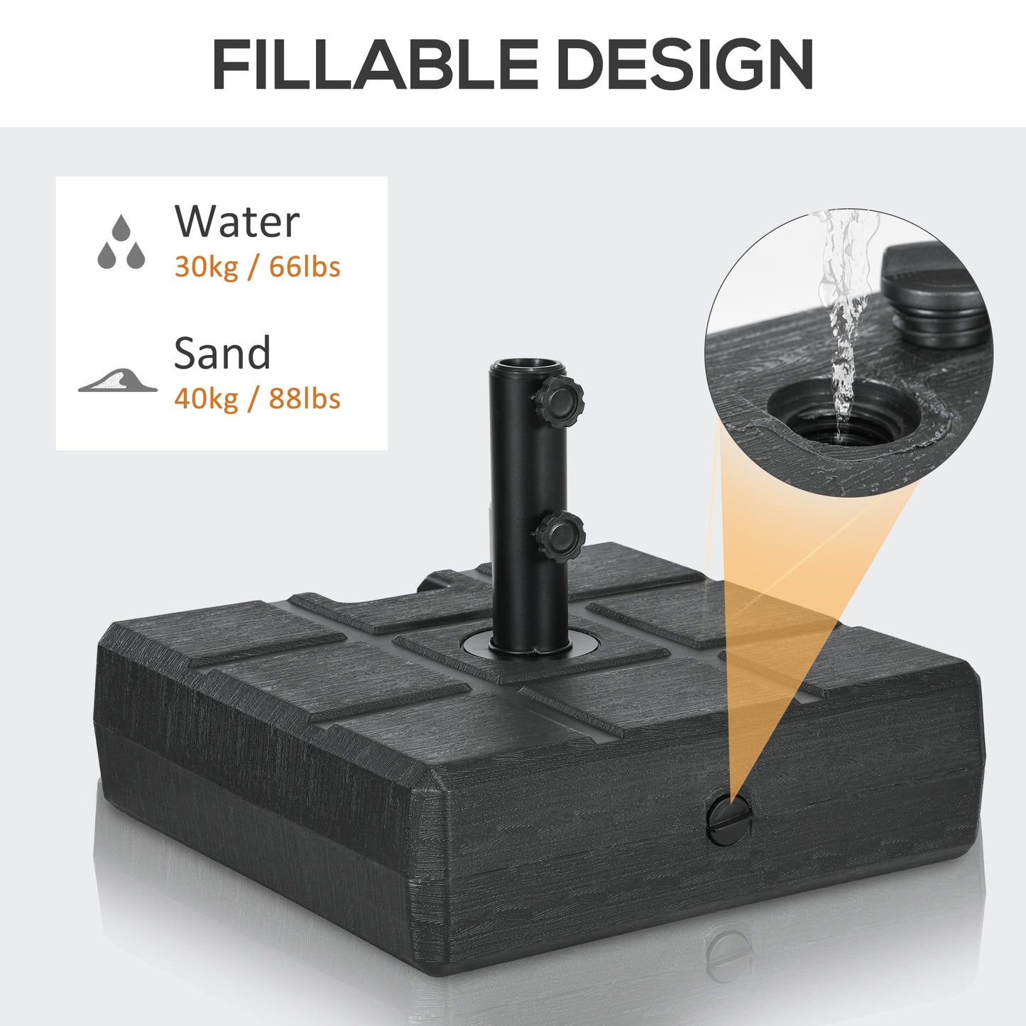 88 lbs. Fillable Umbrella Base with Steel, Umbrella Holder for 1.5" or 1.9" Umbrella Poles, Square & Reversible Heavy Duty Market Umbrella Stand, Black