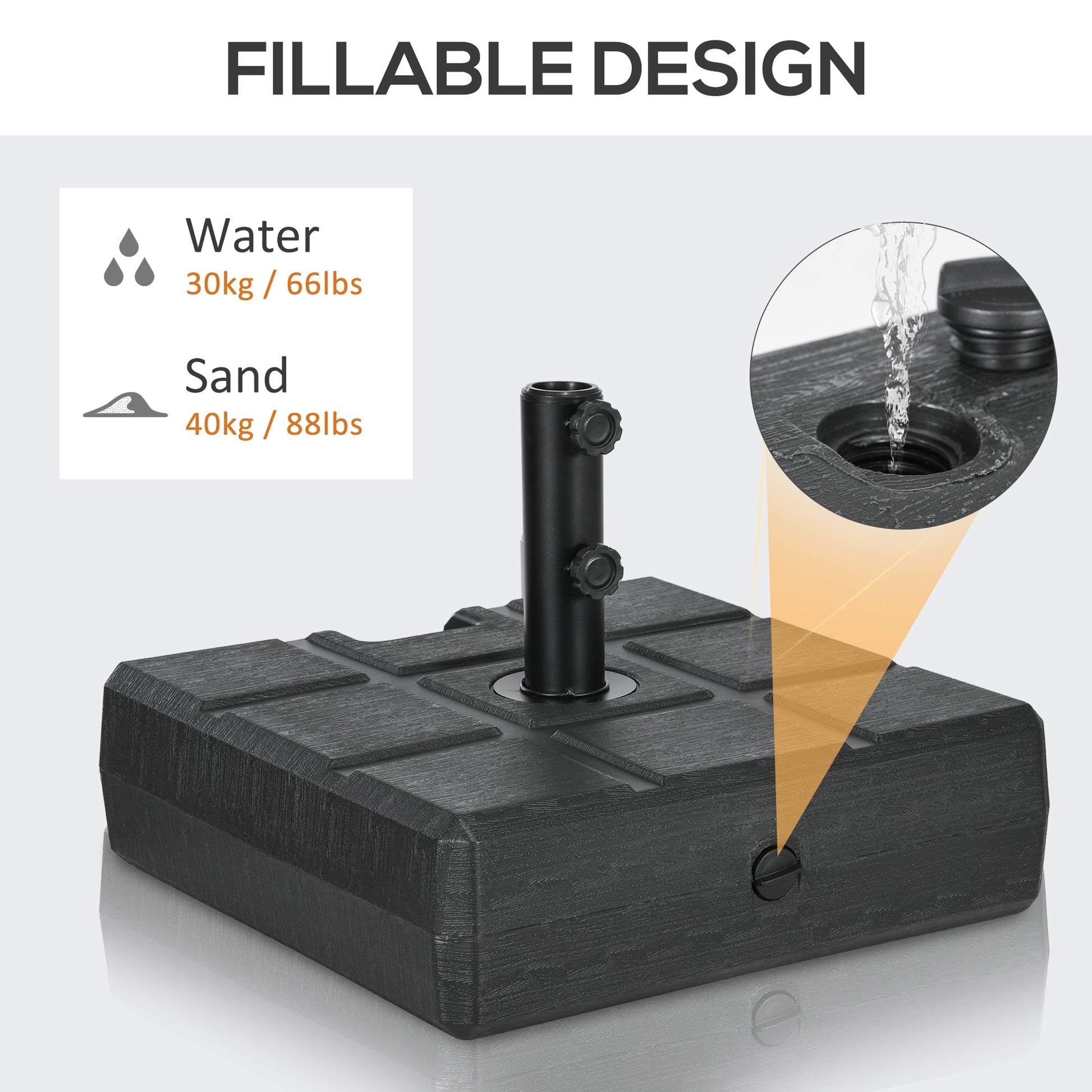 88 lbs. Fillable Umbrella Base with Steel, Umbrella Holder for 1.5" or 1.9" Umbrella Poles, Square & Reversible Heavy Duty Market Umbrella Stand, Black