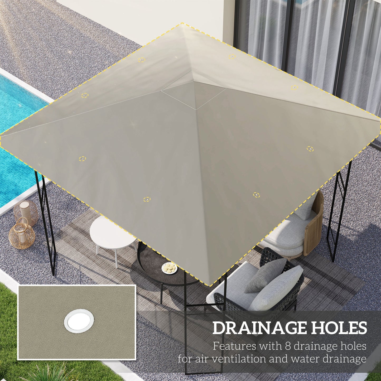 10' x 10' Gazebo Replacement Canopy Cover, Outdoor Gazebo Roof Replacement with Drain Holes, Water Resistant Plastic Coating, 370g/㎡, UPF30+, TOP COVER ONLY, Grey