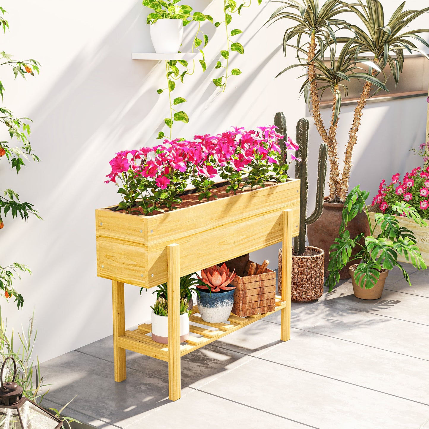 Raised Garden Bed with Legs, 39" x 12" x 28" Elevated Wooden Planter Box with Storage Shelf, Bed Liner and Drainage Holes for Backyard Patio Lawn, Natural Wood