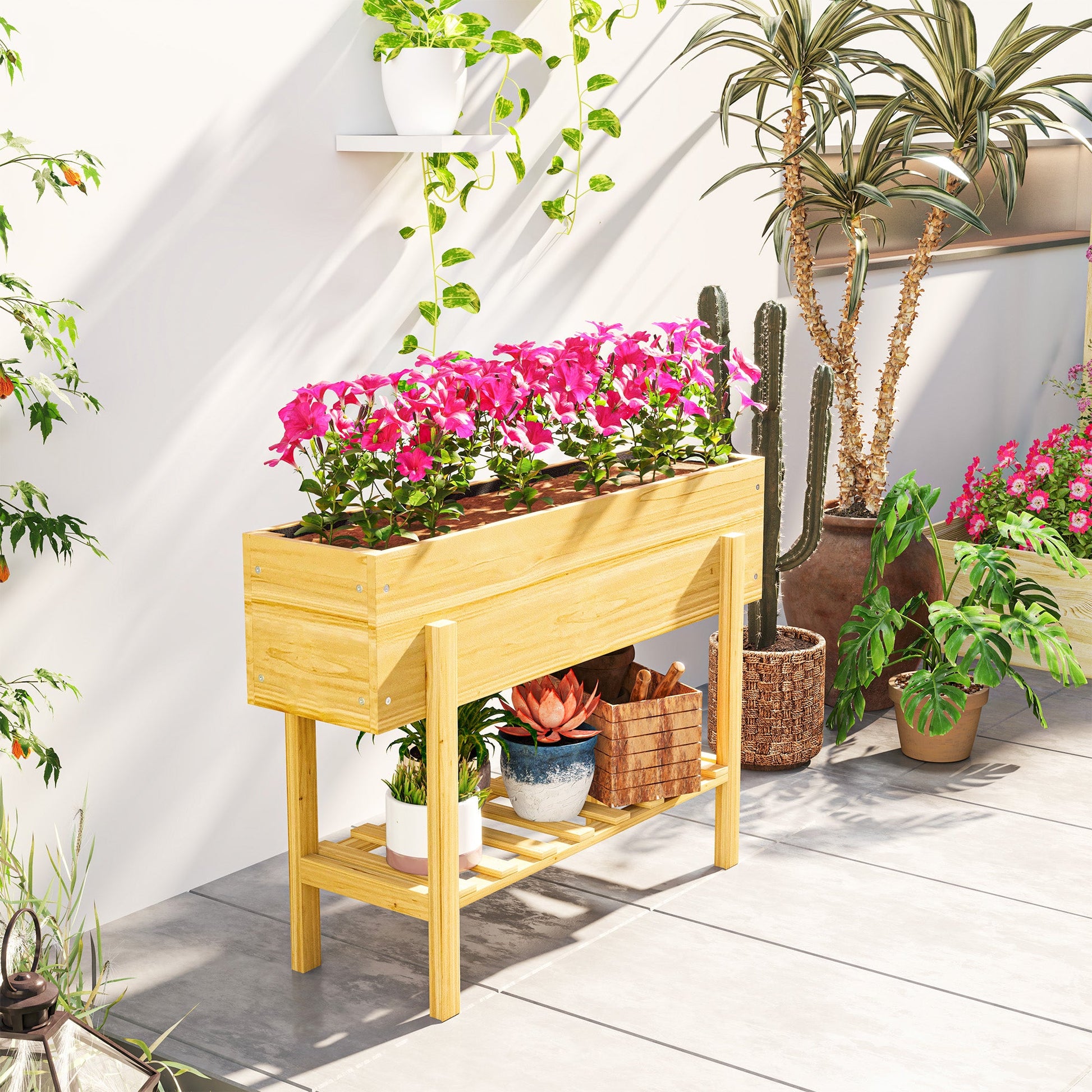 Raised Garden Bed with Legs, 39" x 12" x 28" Elevated Wooden Planter Box with Storage Shelf, Bed Liner and Drainage Holes for Backyard Patio Lawn, Natural Wood