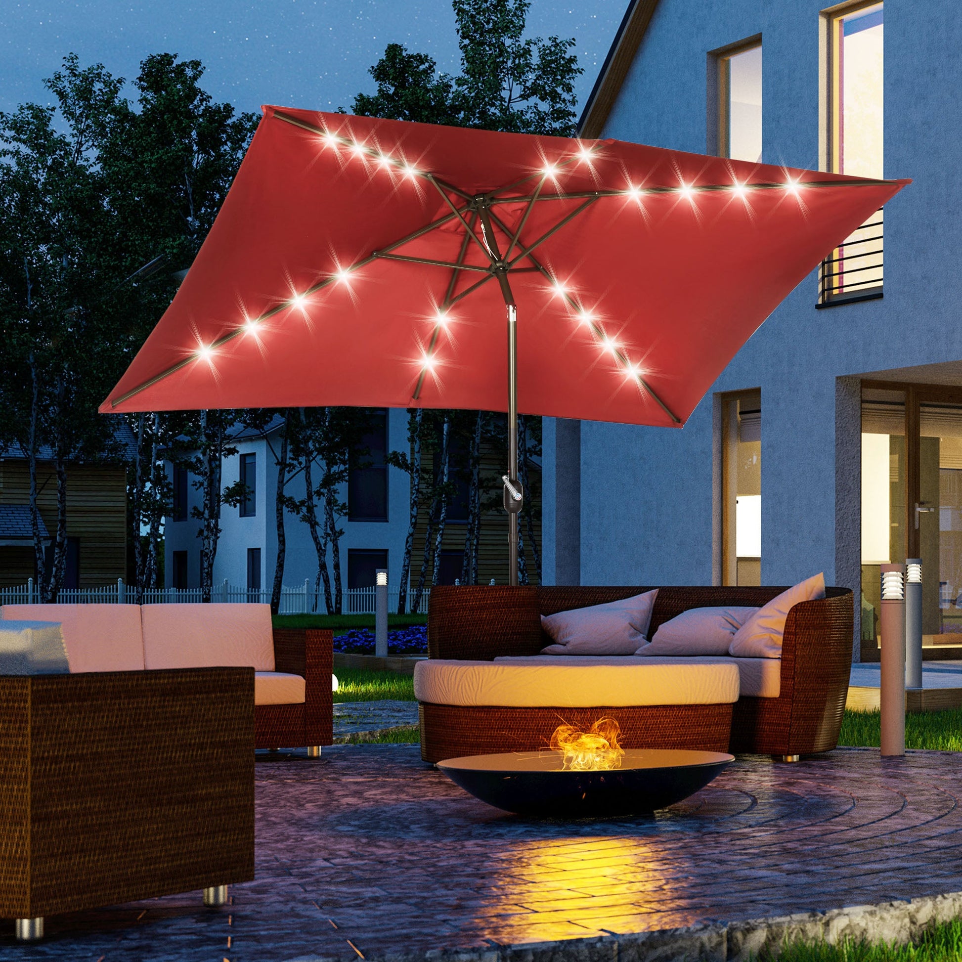 6.5x10ft Patio Umbrella Rectangle Solar Powered Tilt Aluminum Outdoor Market Parasol with LEDs Crank (Wine Red)